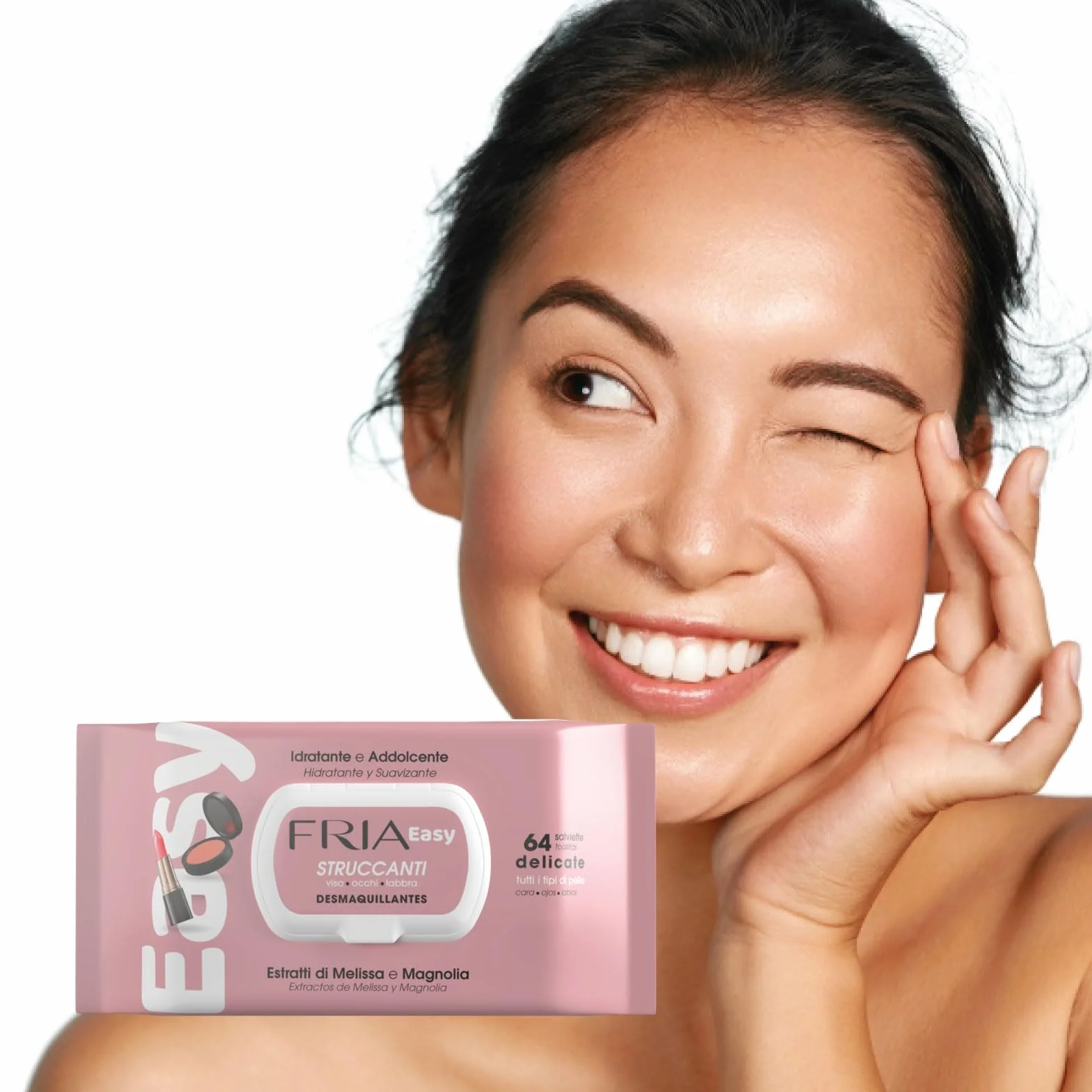 Fria Easy Salviette Struccanti, con Estratti di Melissa e Magnolia ad Effetto Idratante e Addolcente sulla Pelle, Dermatologicamente Testate, Confezione da 64 Salviette