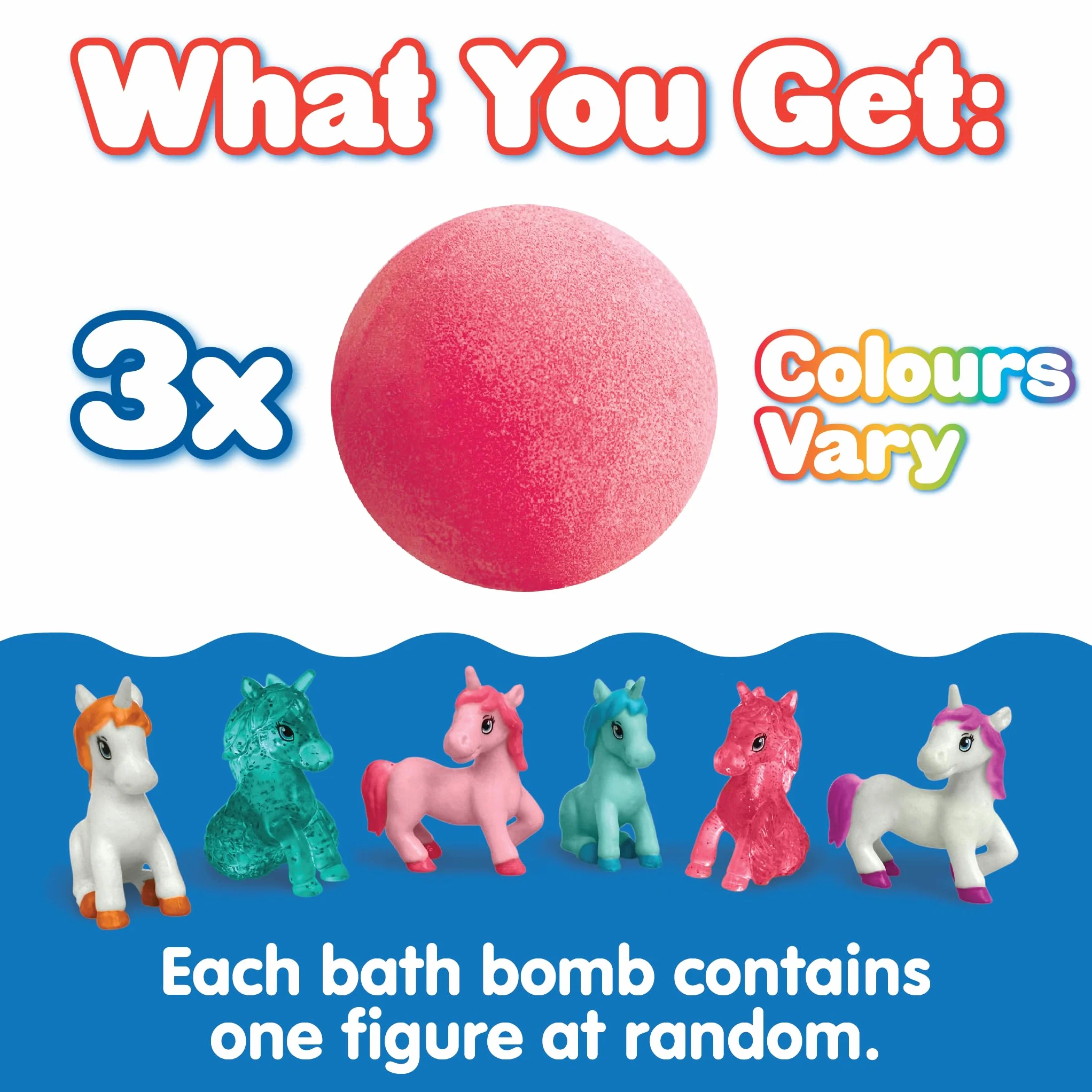 ZIMPLI - 3 x Grandi Bombe da Bagno Unicorno a Sorpresa, 1 di 6 Giocattoli Unicorno da Collezionare, Uno per Baff Bomb, Regalo Misterioso con Bomba da Bagno per Bambini, Riempitivi per Calze di Natale