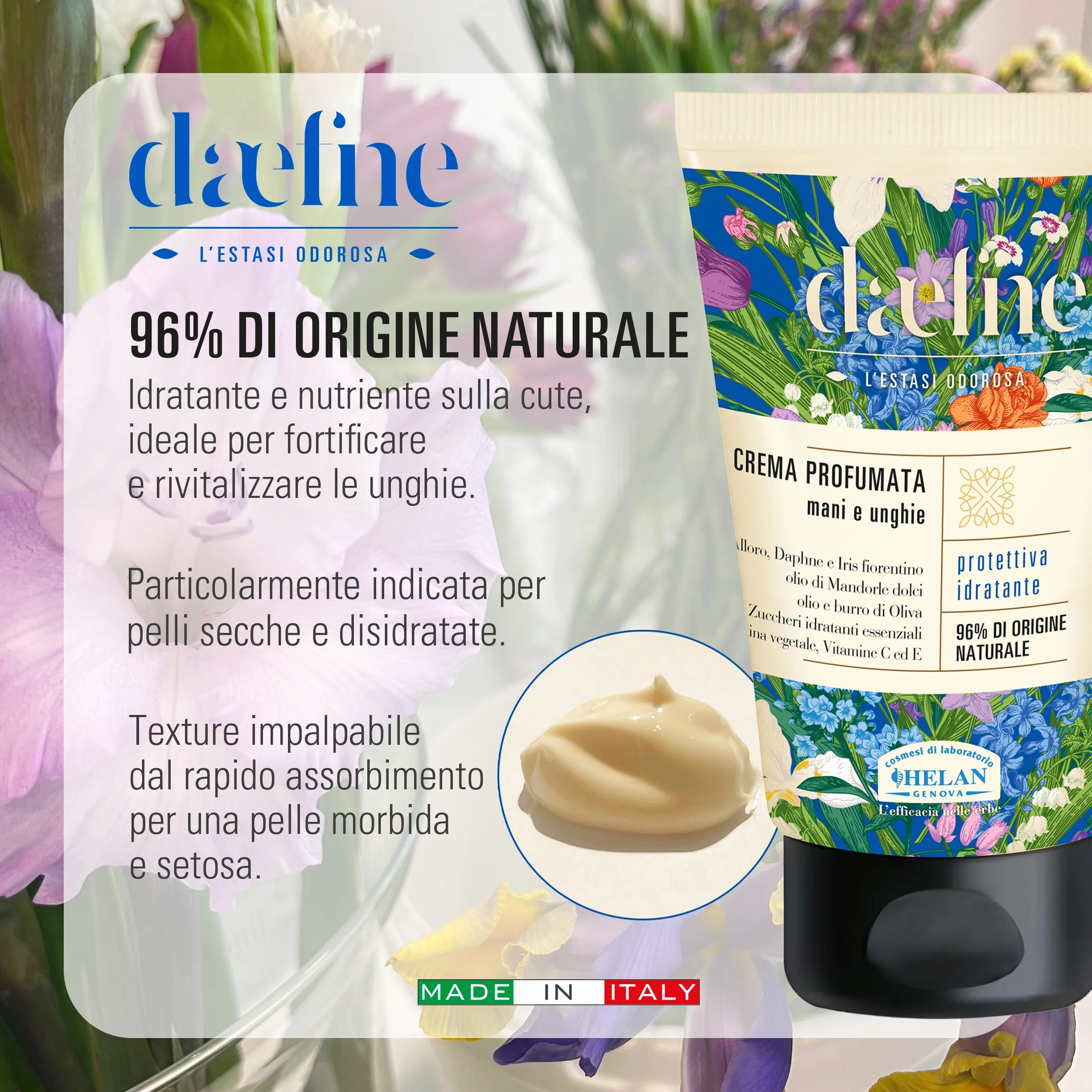 Helan Daefne - Cofanetto Regalo Donna con Profumo Donna Fiorito 10ml + Crema Mani Secche e Screpolate con Vitamina C e E Rivitalizzante Unghie 50ml, Idee e Regali per Lei Beauty Naturale Made in Italy