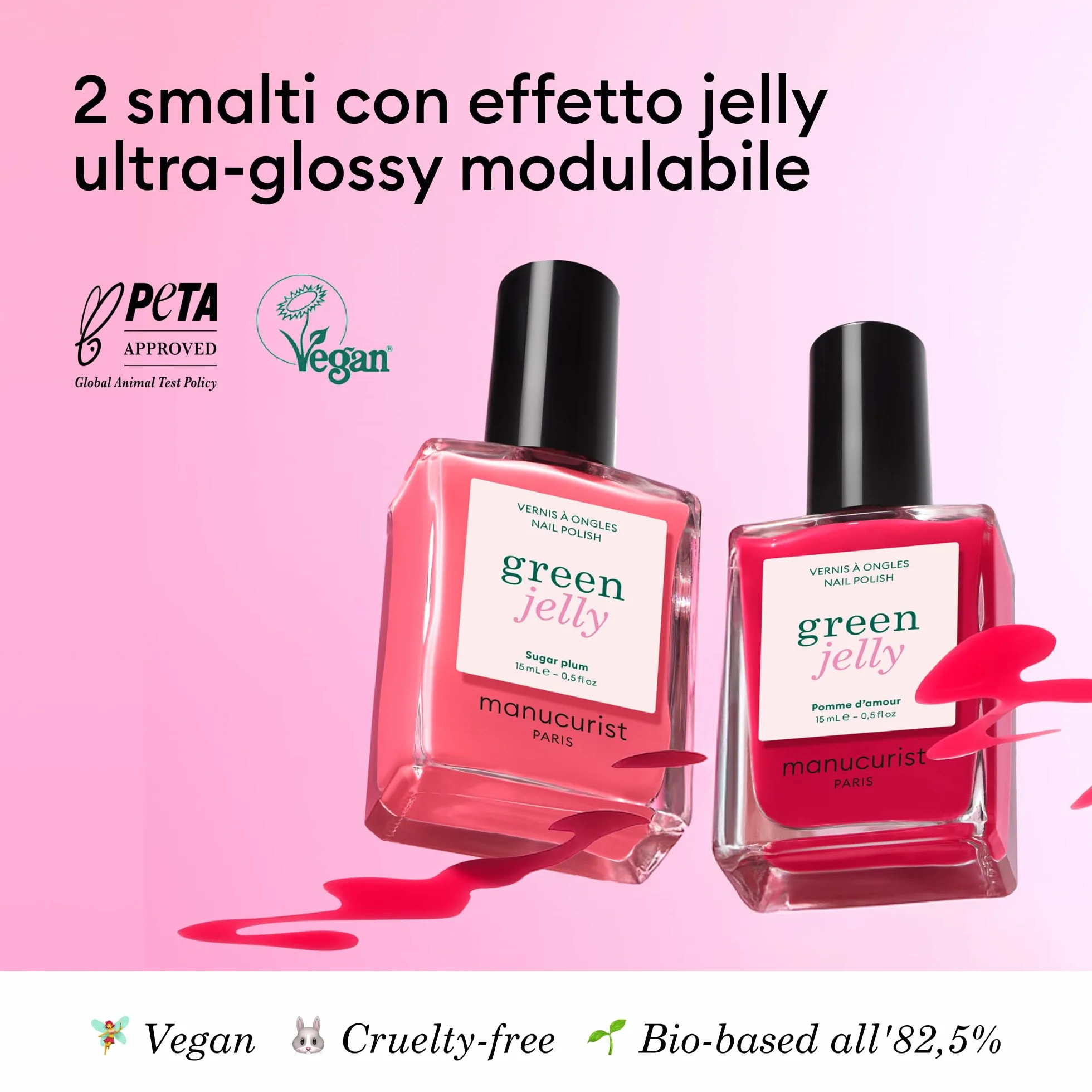 Manucurist Duo Smalti Jelly Green Sugar Plum & Pomme d’Amour Smalto Unghie Traslucido Finish Jelly Semi-Opaco 15 ml