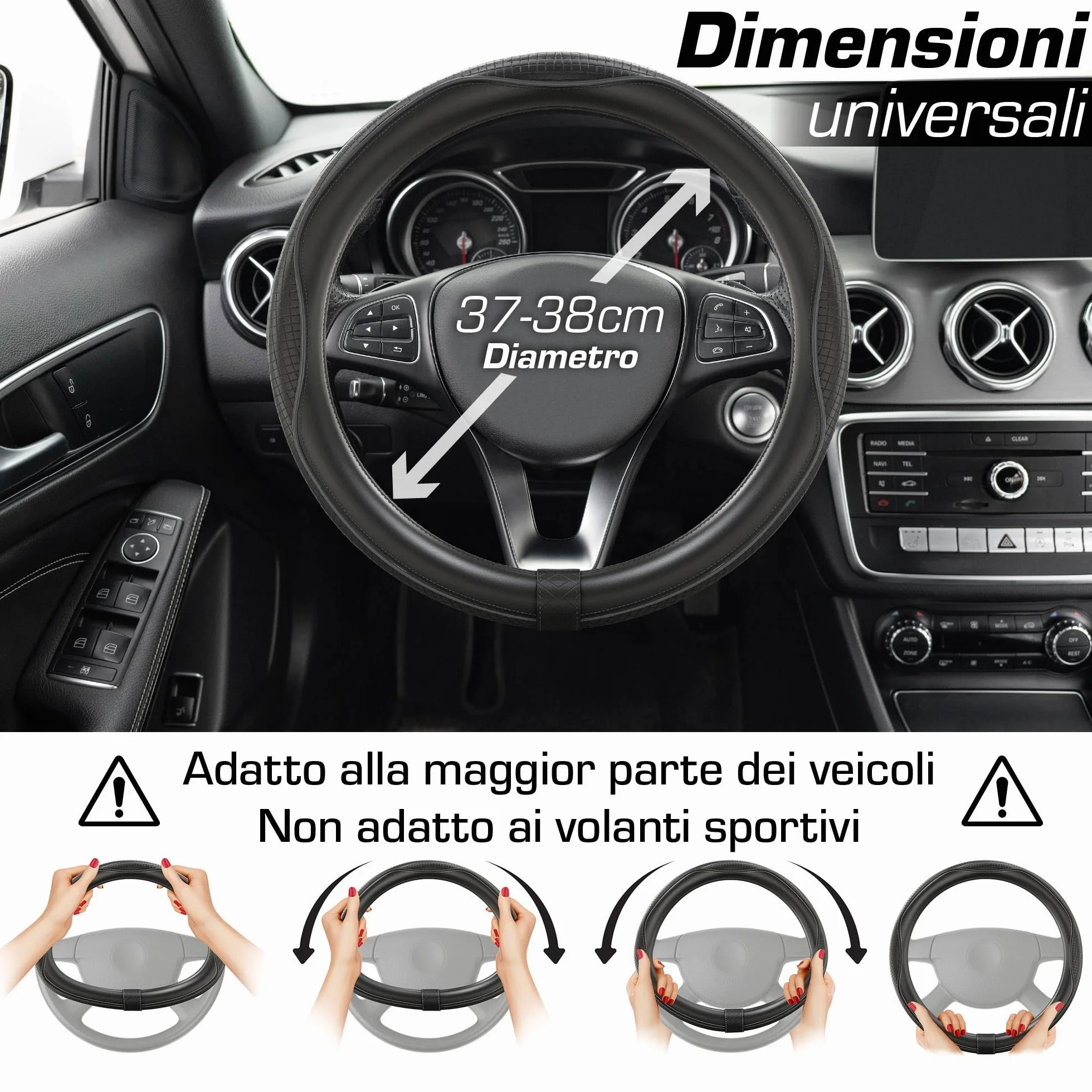 Upgrade4cars Coprivolante Auto Universale Nero Finta Pelle 37-38 cm Accessori Interni