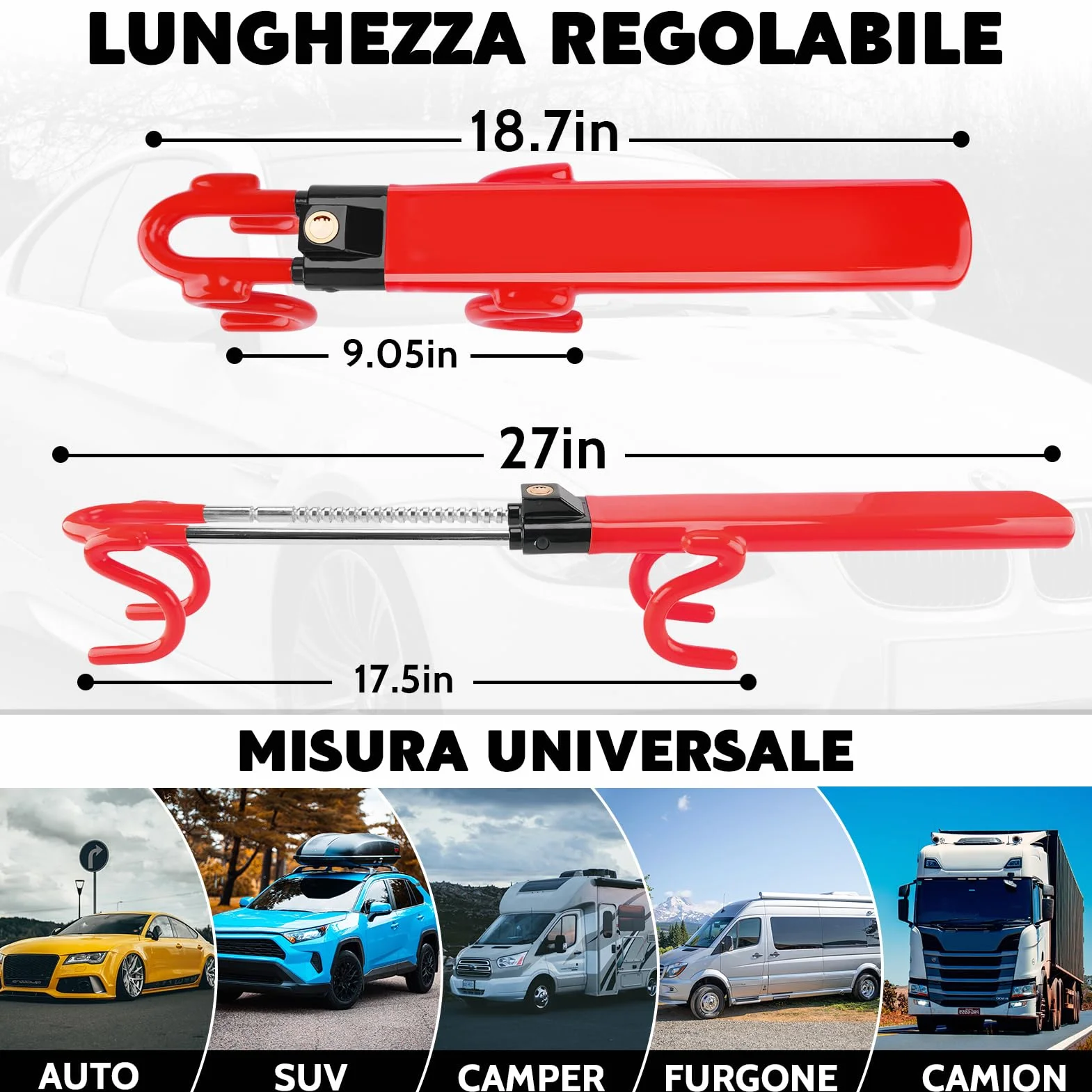 Tevlaphee Blocca Sterzo Automobile, Bloccasterzo Auto, Alta Visibilità, 3 Chiavi (Rosso)