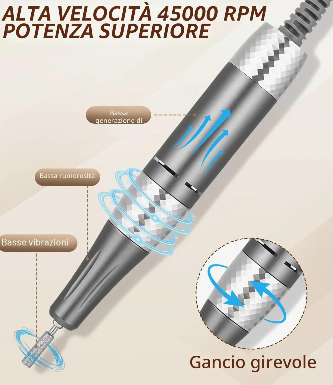 Zawaer Fresa per Unghie 45,000RPM, Professionale Lima Elettrica per Unghie, Touchscreen, con Punta in Ceramica Kit Unghie, Salone Manicure Set e Pedicure Elettrico per Semipermanente Gel Oro