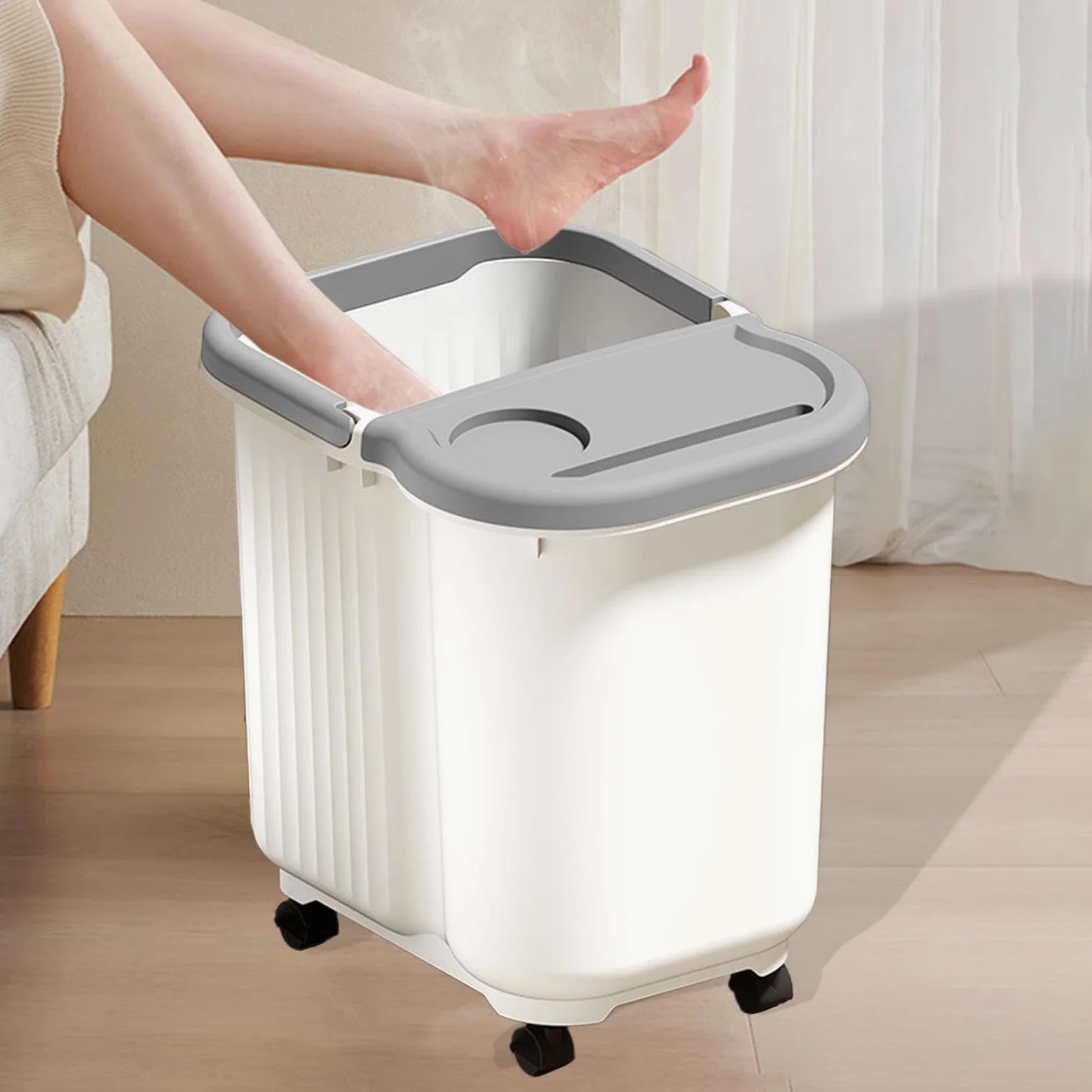 Vaschetta per Pedicure con Vaschetta Grande, Punti Massaggianti per I Piedi, in Materiale PP con Manico Antiscivolo, Adatta per Uso Domestico Fa, Bianco Grigio, L with Wheels