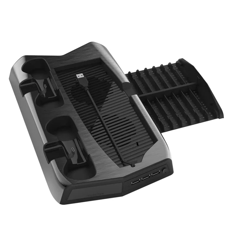 Base di ricarica per PS5 con ventola di raffreddamento e controller a 3 porte e supporto per vassoio di archiviazione