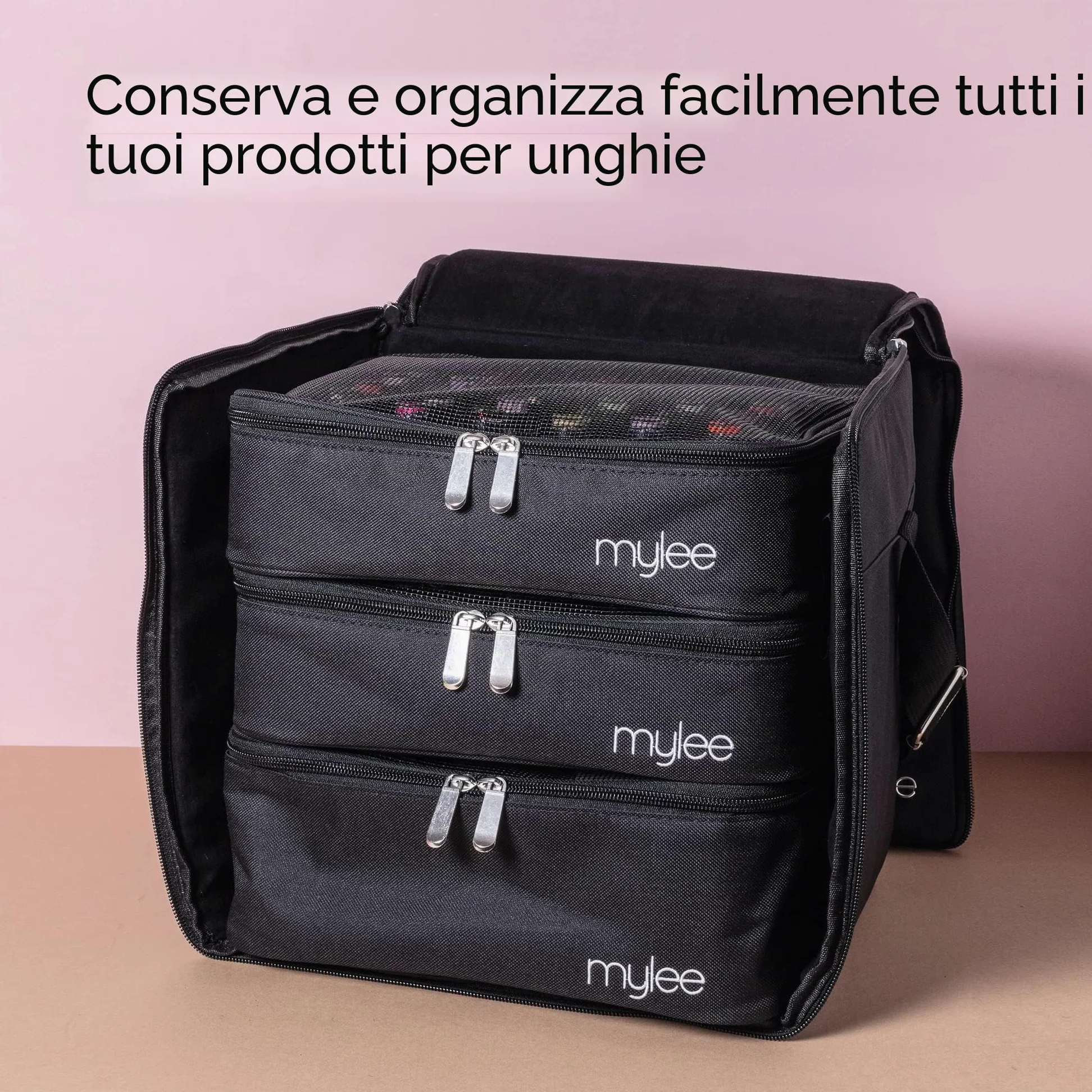 MYLEE Organizer per Set Smalto – Valigetta Porta Smalti per Unghie | Borsa Organizer per Onicotecnica ed Estetista, con Maniglia e Inserti in Gommapiuma, Contiene 84 Smalti