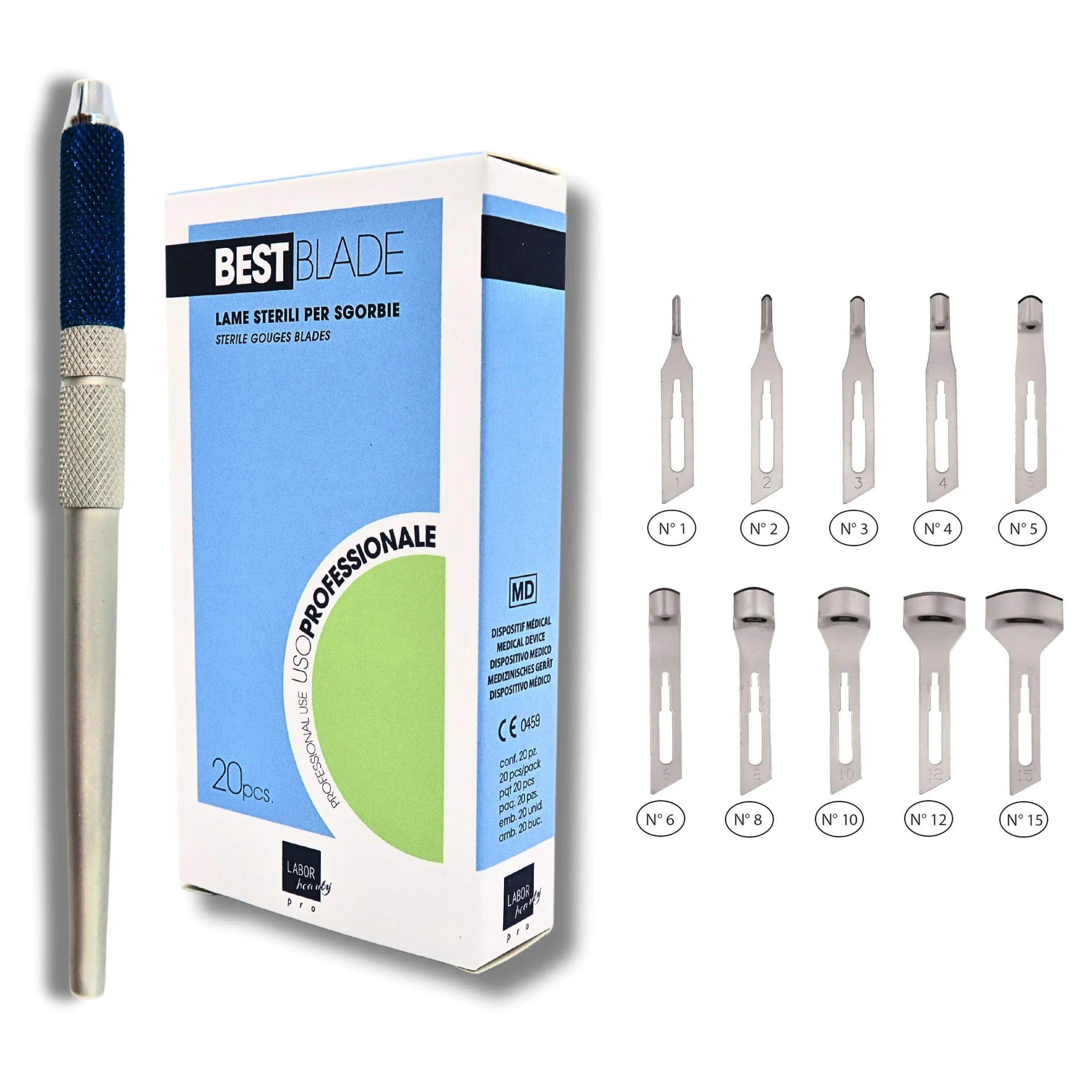 Start Kit Pedicure Professionale – Lame Sgorbia Best Blade + Manico Porta Lama in Alluminio – 20 Lame Assortite