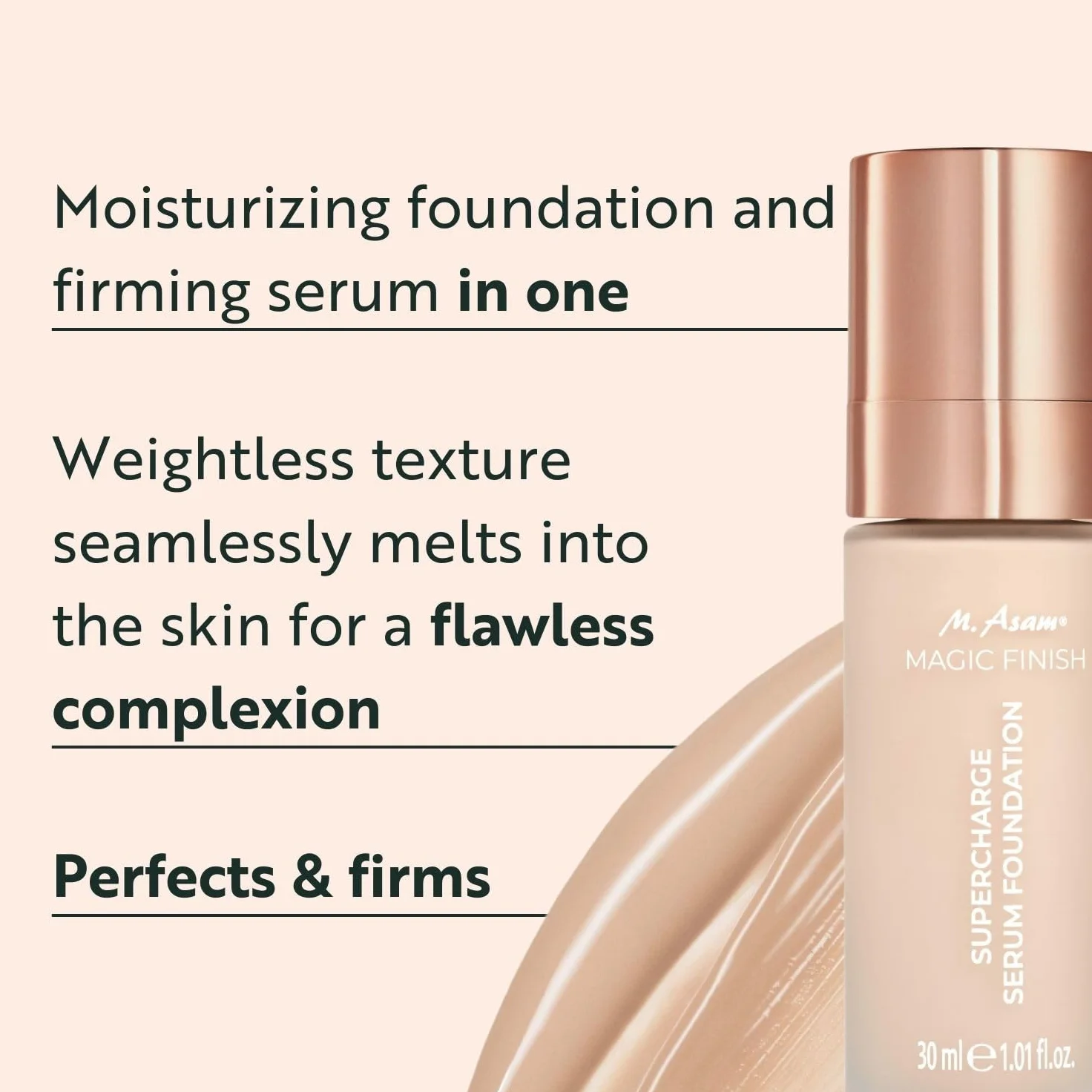 M. Asam Magic Finish Supercharge Serum Foundation Soft Ivory (30 ml) | Fondotinta idratante e siero rassodante per il viso in uno, trucco anti-età con copertura ottimale e acido ialuronico