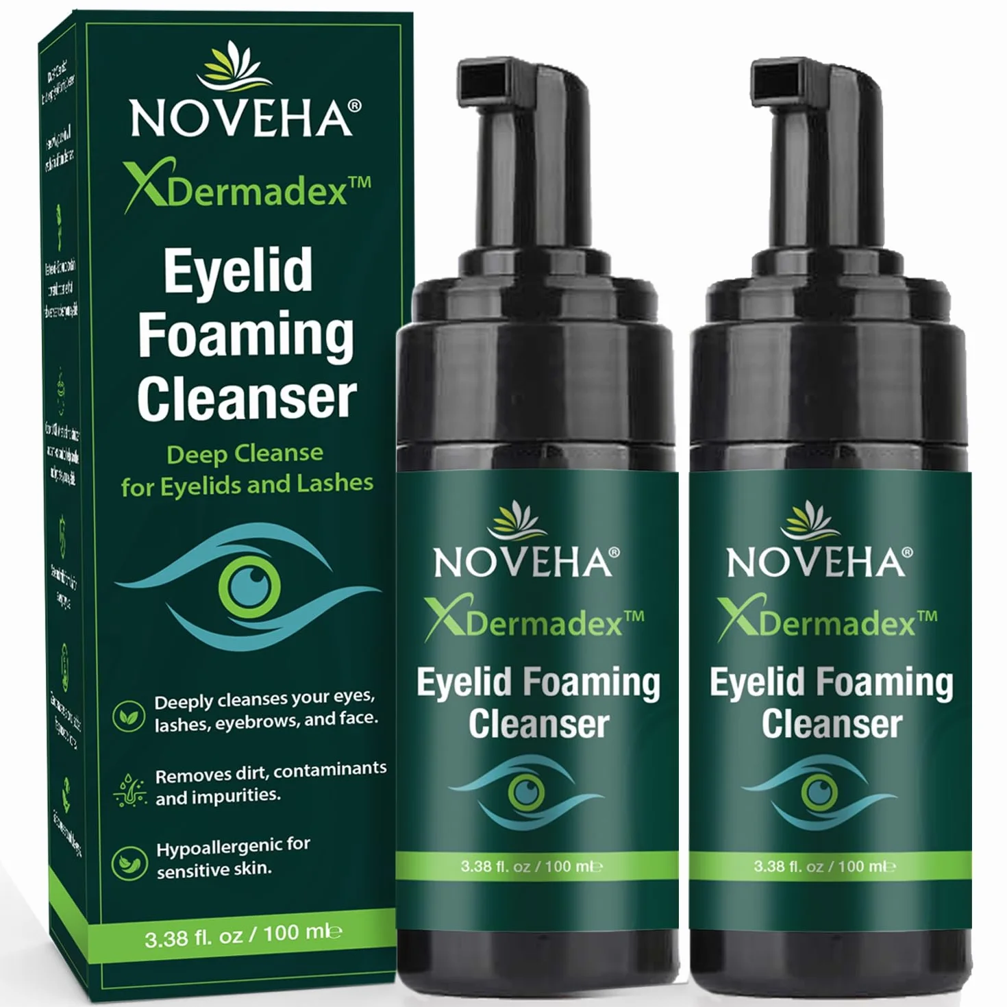 NOVEHA Demodex, schiuma detergente per palpebre, formula extra forte, olio dell'albero del tè, lavaggio quotidiano per ciglia, demodex, MGD, occhi di porcile, irritazioni degli occhi e secchezza della