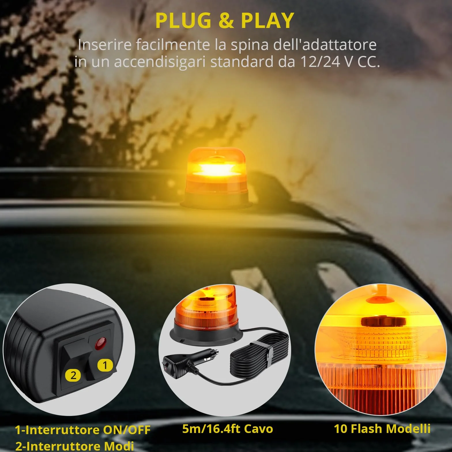 PROZOR 48W Stroboscopica Luce Emergenza 12/24V Magnetica Impermeabile 10 Modalità Ambra con Cavo 5m