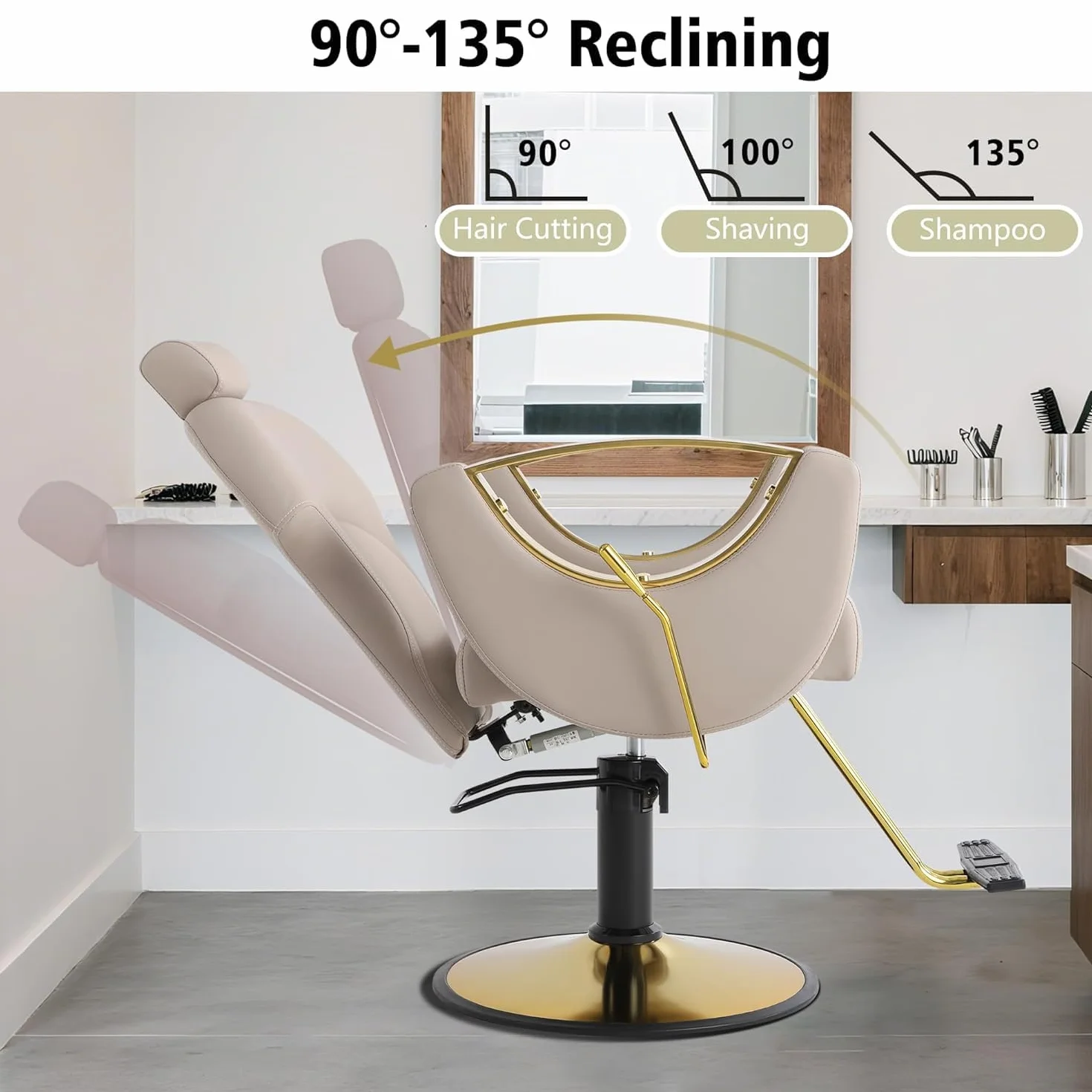 Poltrona da Parrucchiere Sedia da Barbiere Reclinabile 90°-135° con Regolabile Poggiatesta Schienale Altezza,Girevole a 360°,per Parrucchiere Salone di Bellezza Tatuaggi (Beige)