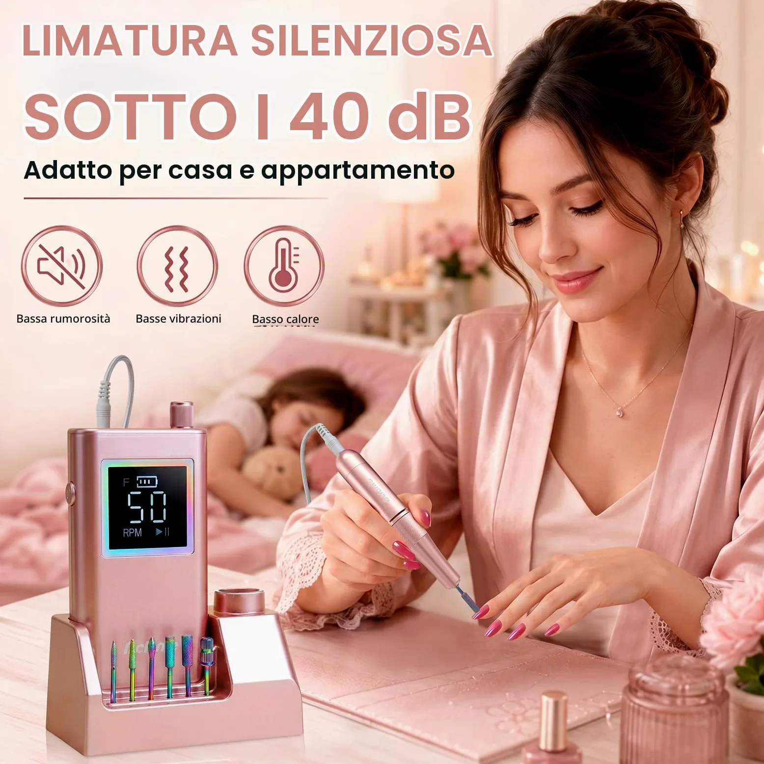 Delanie Fresa per Unghie Professionale 50000 Giri con Stazione di Ricarica, Lima Elettrica per Unghie Senza Fili per Acrilico e Gel, Autonomia 10 Ore, Funzione Pausa, 12 Punte Incluse