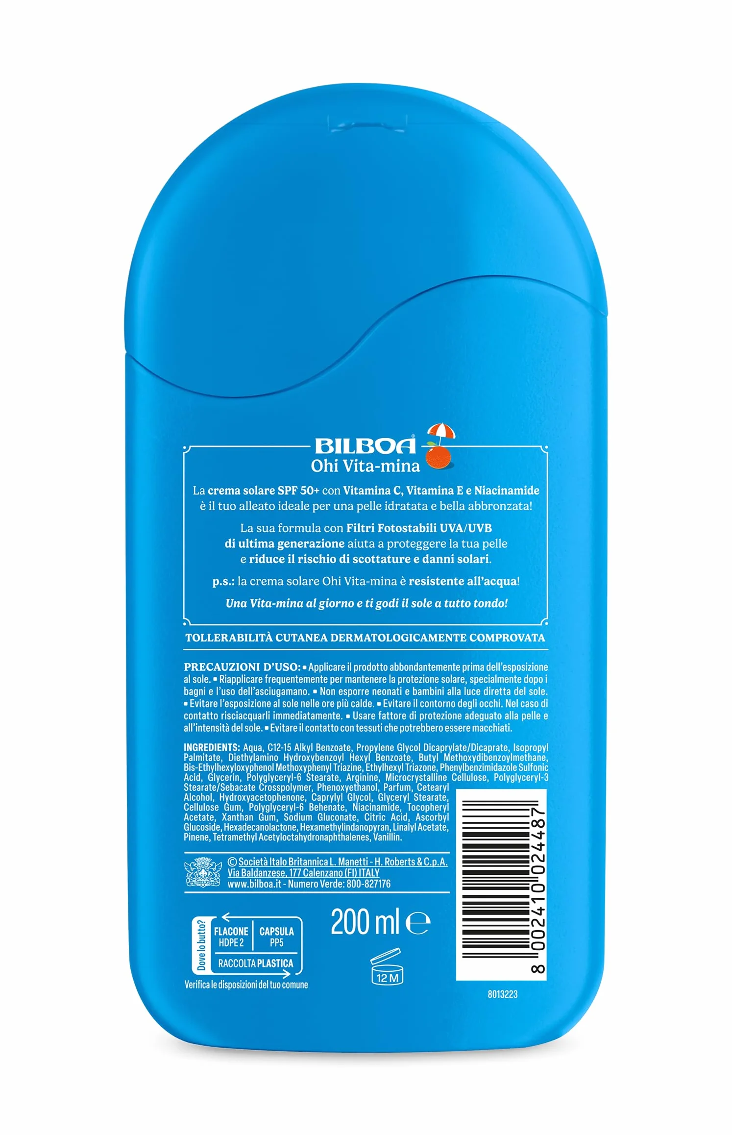 Bilboa Ohi Vita-Mina Latte Solare SPF 50+ Crema Solare con Vitamina C, Vitamina E e Niacinamide, Resistente all'Acqua, 200 ml
