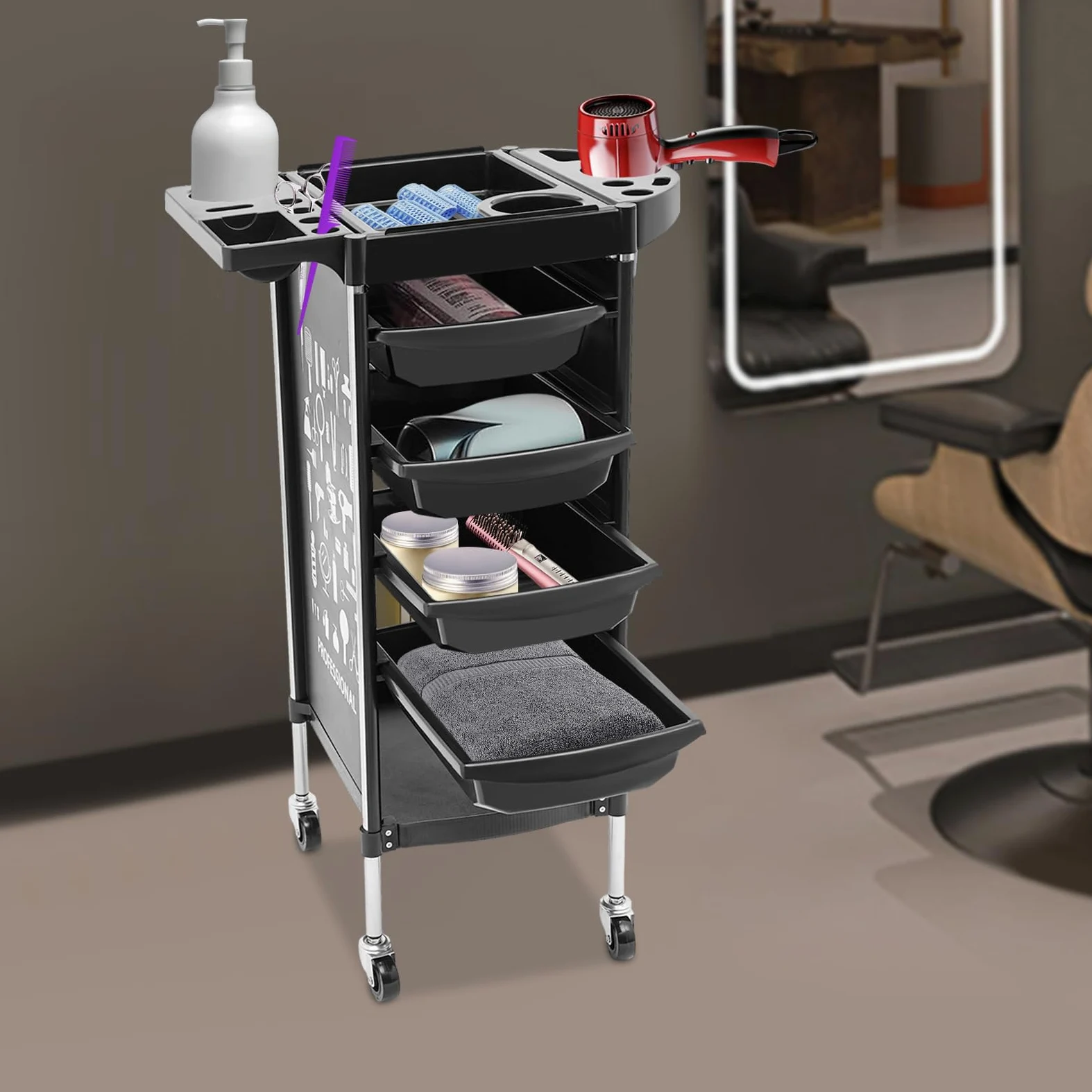 Carrello da Parrucchiere a 6 Ripiani con Ripiani estensibili Professionale con 4 cassetti e Ruote silenziose per Centri estetici e Centri estetici (34 x 37 x 88 cm)