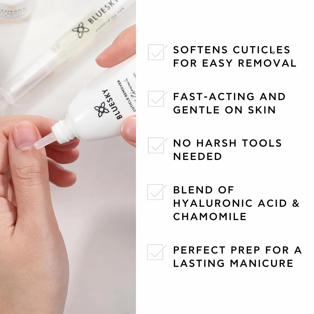 Bluesky Solvente per Cuticole 30g, Acido Ialuronico e Camomilla, Ammorbidente Pelle Morta ad Azione Rapida 15 Secondi per Preparazione Manicure Gel e Acrilico