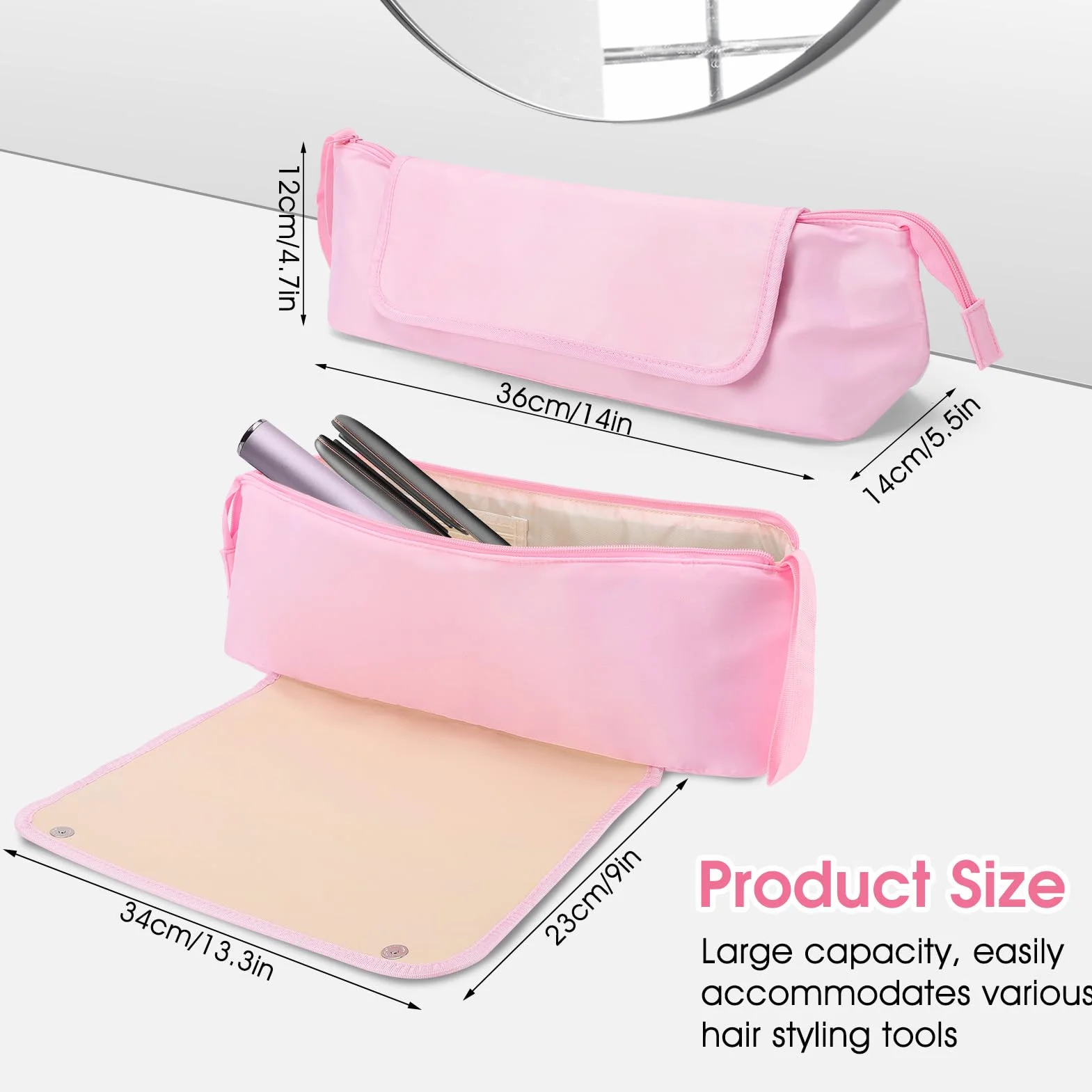 Gugxiom Borsa da viaggio per acconciature con base resistente al calore, borsa 2 in 1, grande capacità per arricciacapelli, piastre per capelli, asciugacapelli e spazzole ad aria calda (rosa)