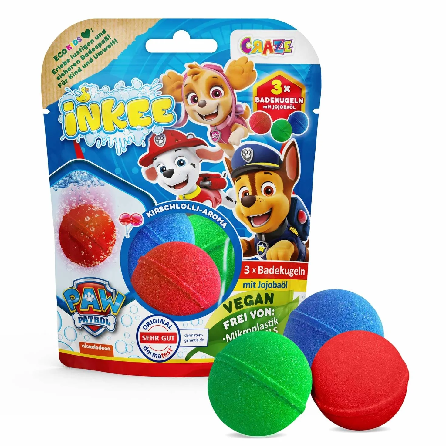 INKEE Paw Patrol Bombe da Bagno Bambini 3 Pezzi – Colorate con Aroma Ciliegia e Olio di Jojoba – Bath Bomb Naturali per Vasca – Adatte a Bambini dai 3 Anni