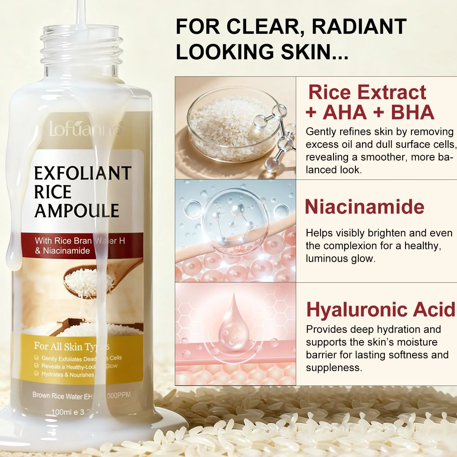 Siero Esfoliante al Riso 100ml, Siero Coreano Esfoliante al Riso, Peeling Viso Delicato,Scrub Viso Anti Punti Neri Rimozione, Riduce Pori, Idratante e Illuminante,Rimuove Cellule Morte,pelli sensibili