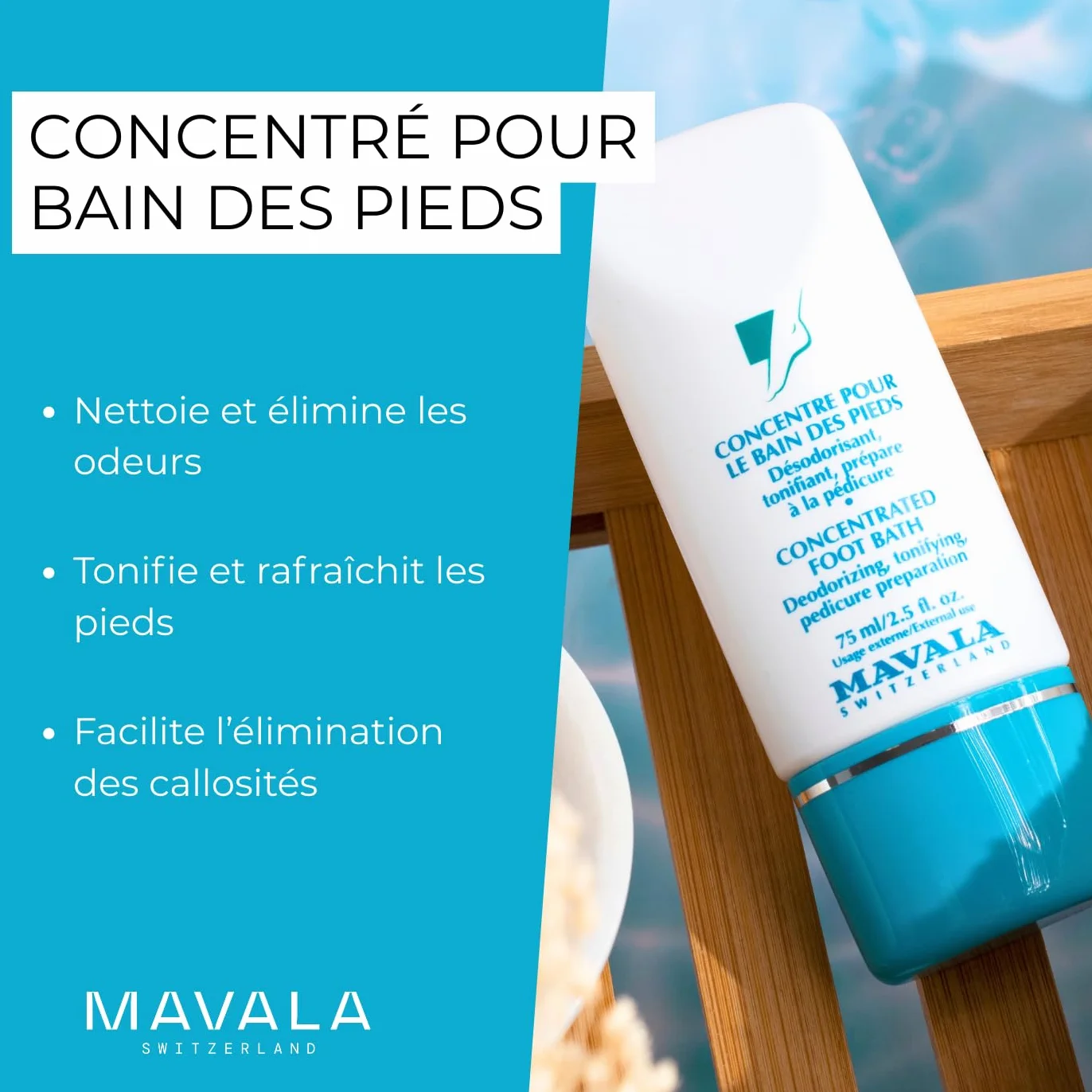 Mavala - Concentrato Bagno dei piedi - Trattamento deodorante e tonificante - Preparazione alla Pedicure - Azione emolliente - Profumo essenza eucalipto e limone - 75 ml