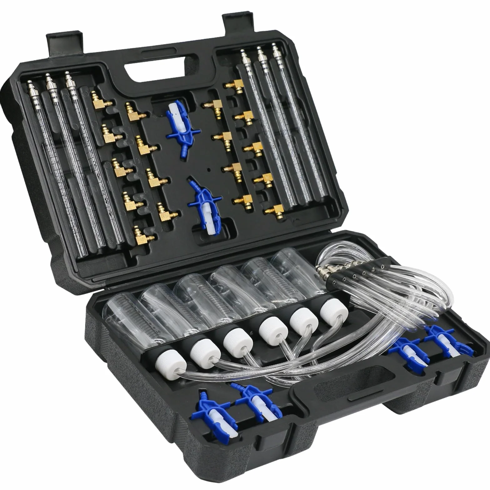 Kit di Test Perdite Diesel Common Rail con Flussometro Iniettori 6 Cilindri 24 Adattatori