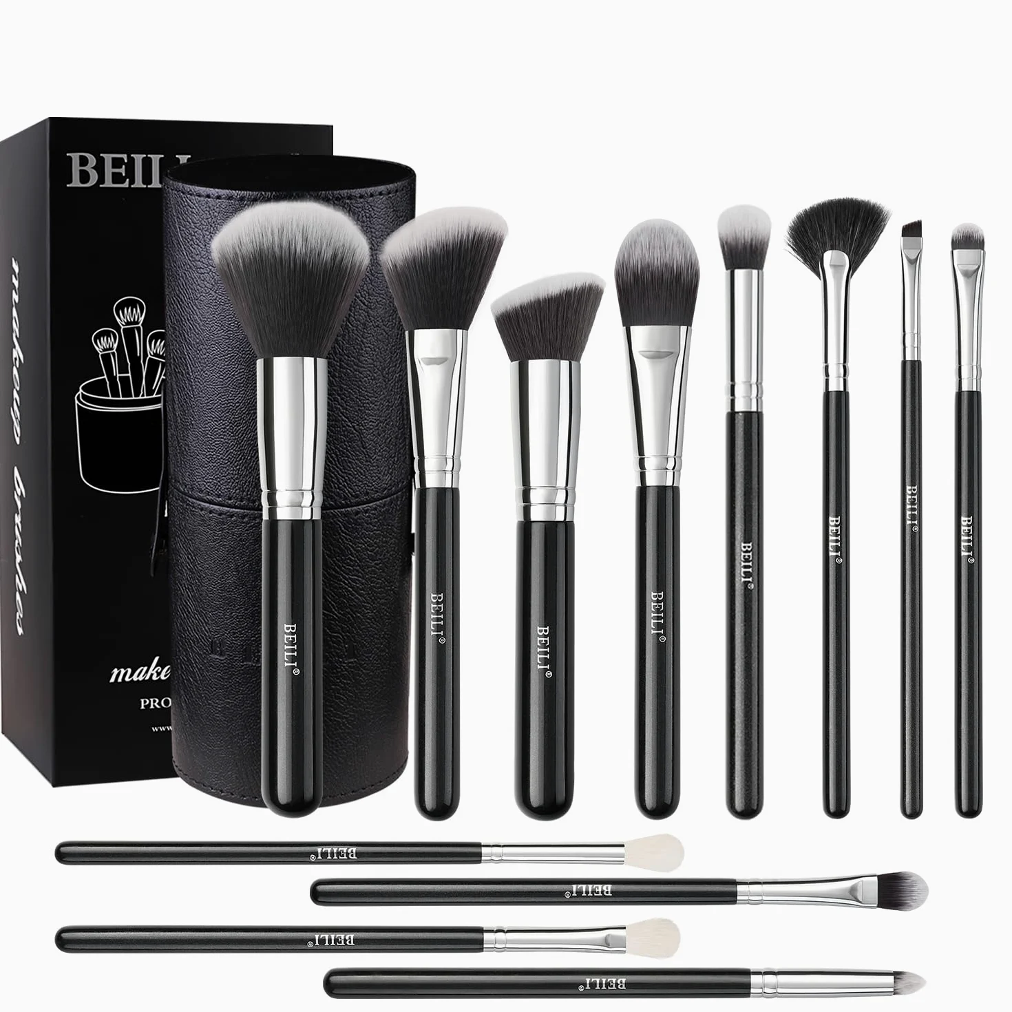 BEILI 12 pennelli da trucco con custodia per trucco, sintetico, Kabuki, fondotinta, blush, correttore, kit di pennelli per trucco completo con confezione regalo (nero)