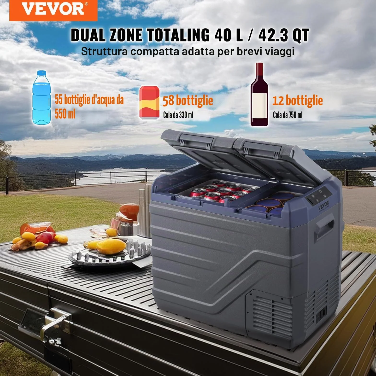 VEVOR Frigorifero per Auto Congelatore Portatile Doppia Zona 40 L 12 Volt -20~20℃ Compressore 12/24V CC 100-240V CA