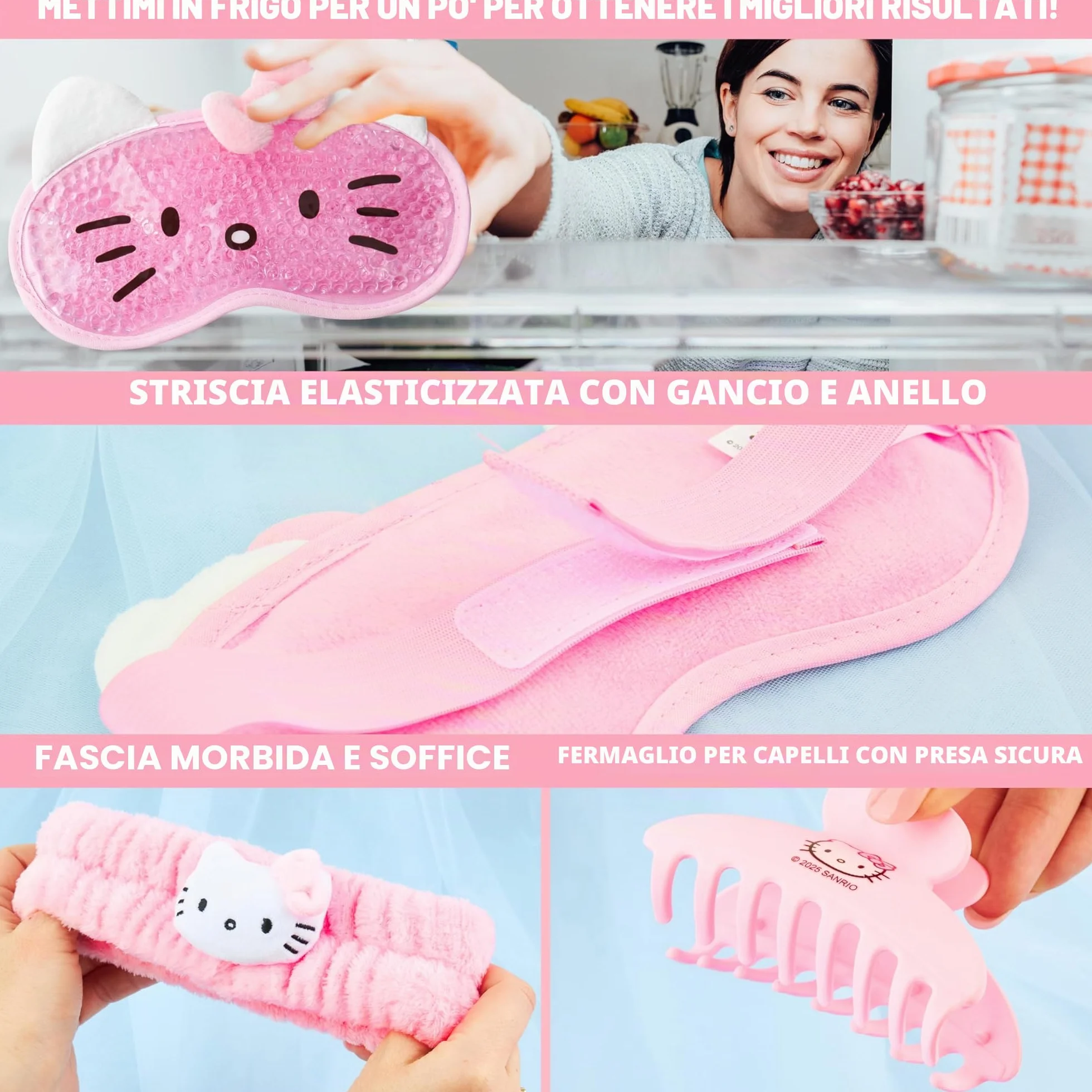Hello Kitty Sanrio Maschera Occhi Gel Freddo Set Beauty Accessori, Kawaii Fermagli Capelli Fascia Capelli, Coccole Anime Regalo Donna Adolescenti (Rosa Hello Kitty)