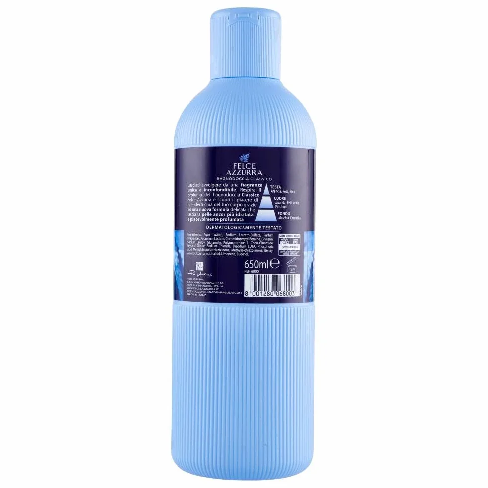 Felce Azzurra Bagnoschiuma Profumato Classico 650 ml Detergente Delicato Idratante con Rosa Lavanda e Patchouli
