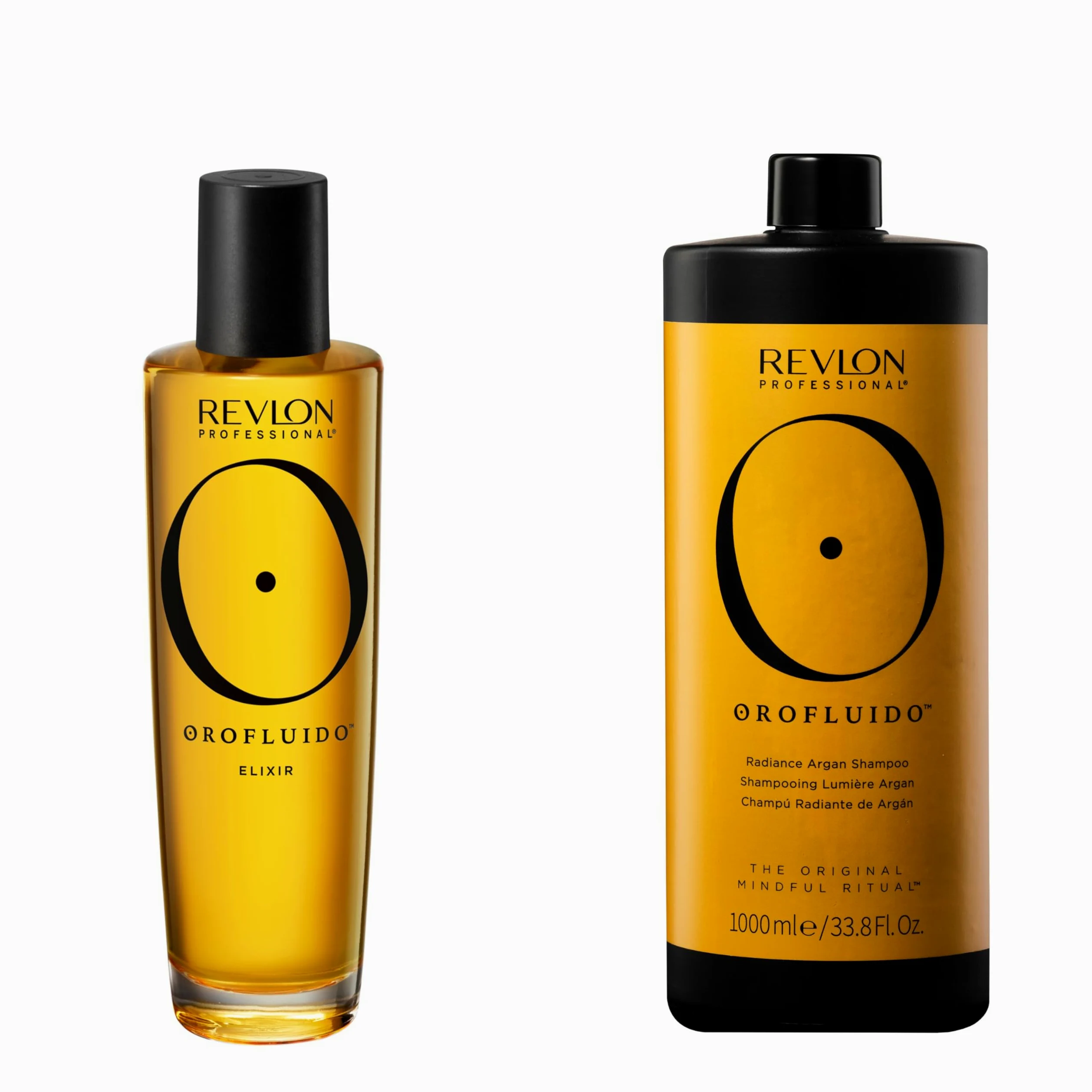 Revlon Professional Orofluido OLIO DI ARGAN ELIXIR CAPELLI+SHAMPOO, Trattamento Nutriente con Olio di Argan Vegano, 100ml + Shampoo Idratante e Lisciante, per la Lucentezza dei Capelli, 1000ml