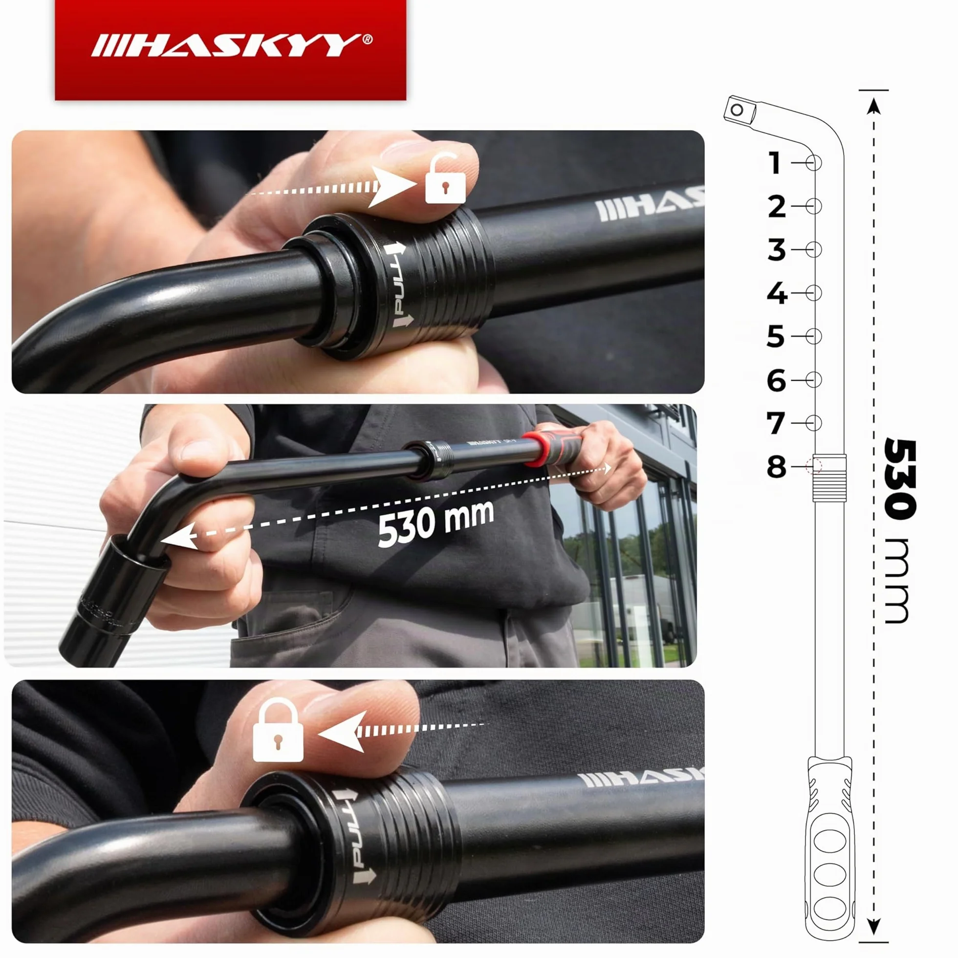 HASKYY Zestaw kluczy teleskopowych do nakrętek kół 355-530mm 1/2" 17/19mm 21/23mm