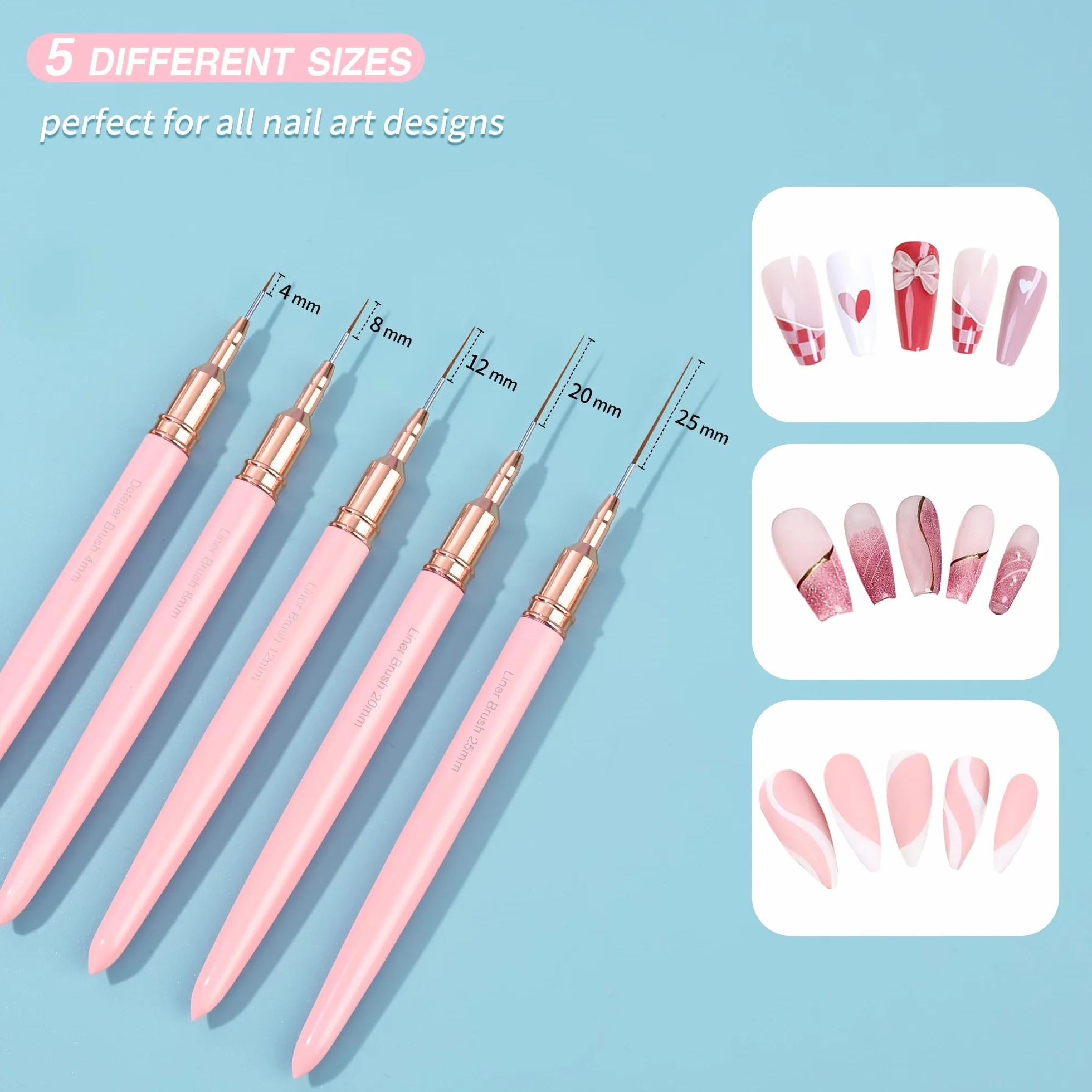 Pennelli per nail art, 5 pennelli per nail art, set di pennelli per disegnare e punteggiare le unghie, per linee lunghe, dettagli sottili, dimensioni 4/8/12/20/27 mm，rosa
