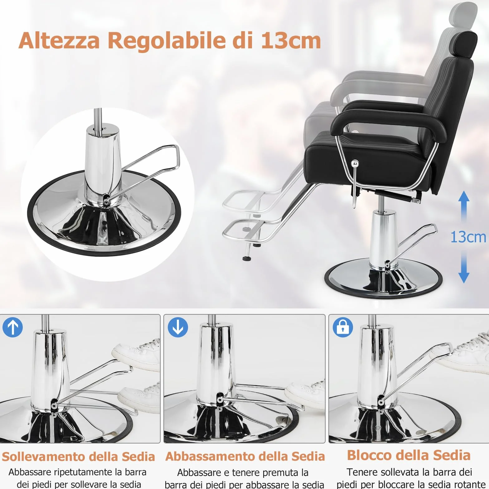 COSTWAY Poltrona da Parrucchiere, con Poggiatesta Regolabile e Schienale Reclinabile, Poltrona da Barbiere con Altezza Regolabile, Girevole a 360°, per Saloni di Bellezza, Parrucchiere