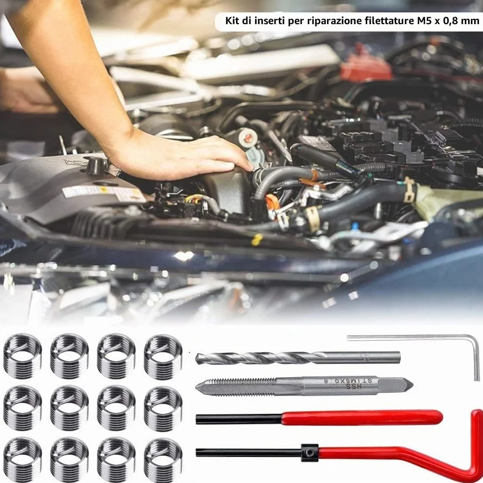 Kit riparazione filettatura M5 x 0,8 mm acciaio inox compatibile Helicoil Coil