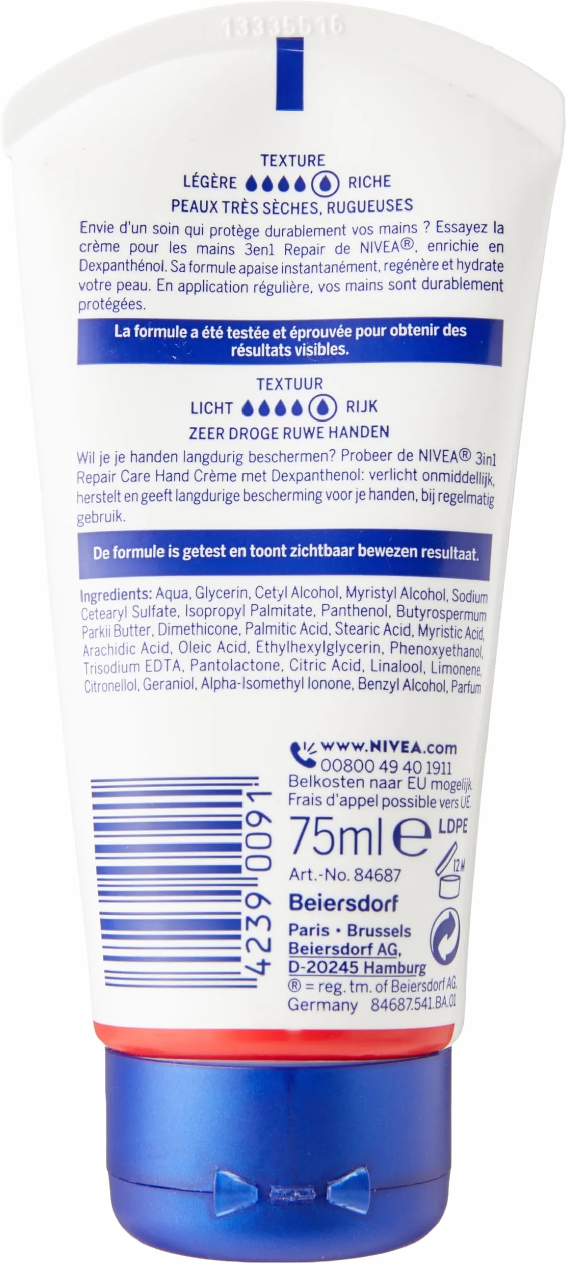 NIVEA Crema Mani 3 in 1 Ripara Pelle Molto Secca e Ruvida (1 x 75 ml), Cura Mani Idratante Formula Ricca e Non Grassa, Crema Idratante Riparante Dexpanthenol