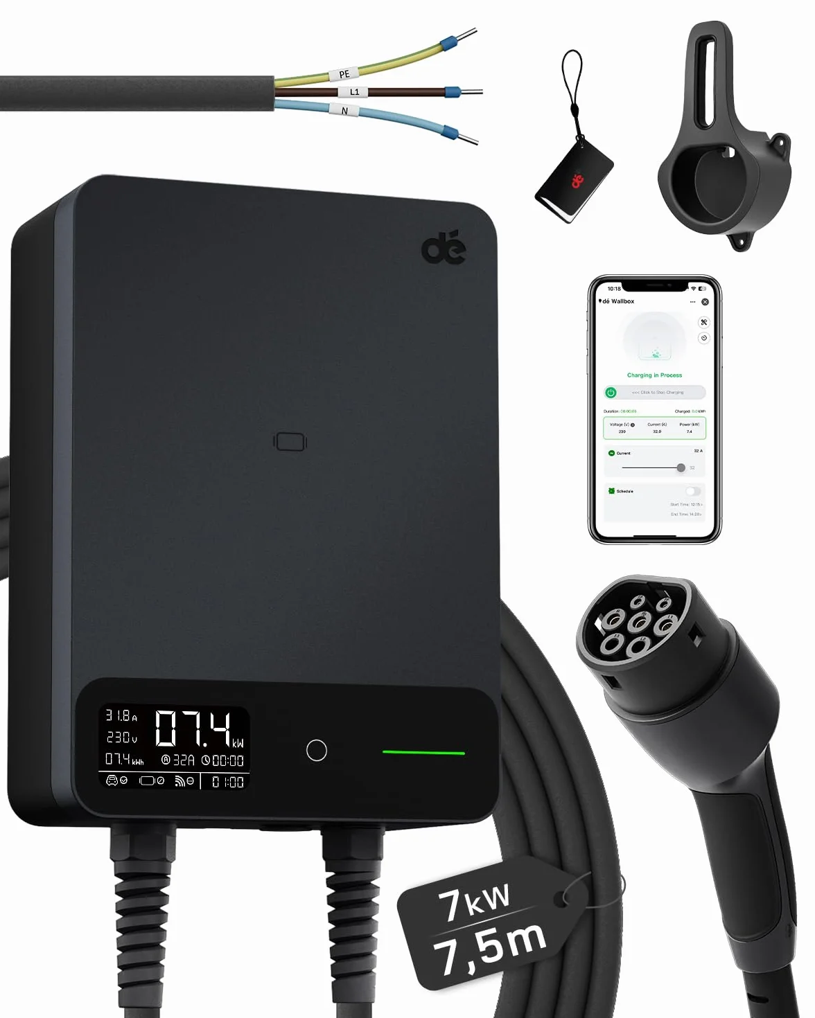 Wallbox 7,4 kW Tipo 2 con App, Cavo 7,5m, RFID, Monofase 6-32A 230V, 7kW, IP54, Nero