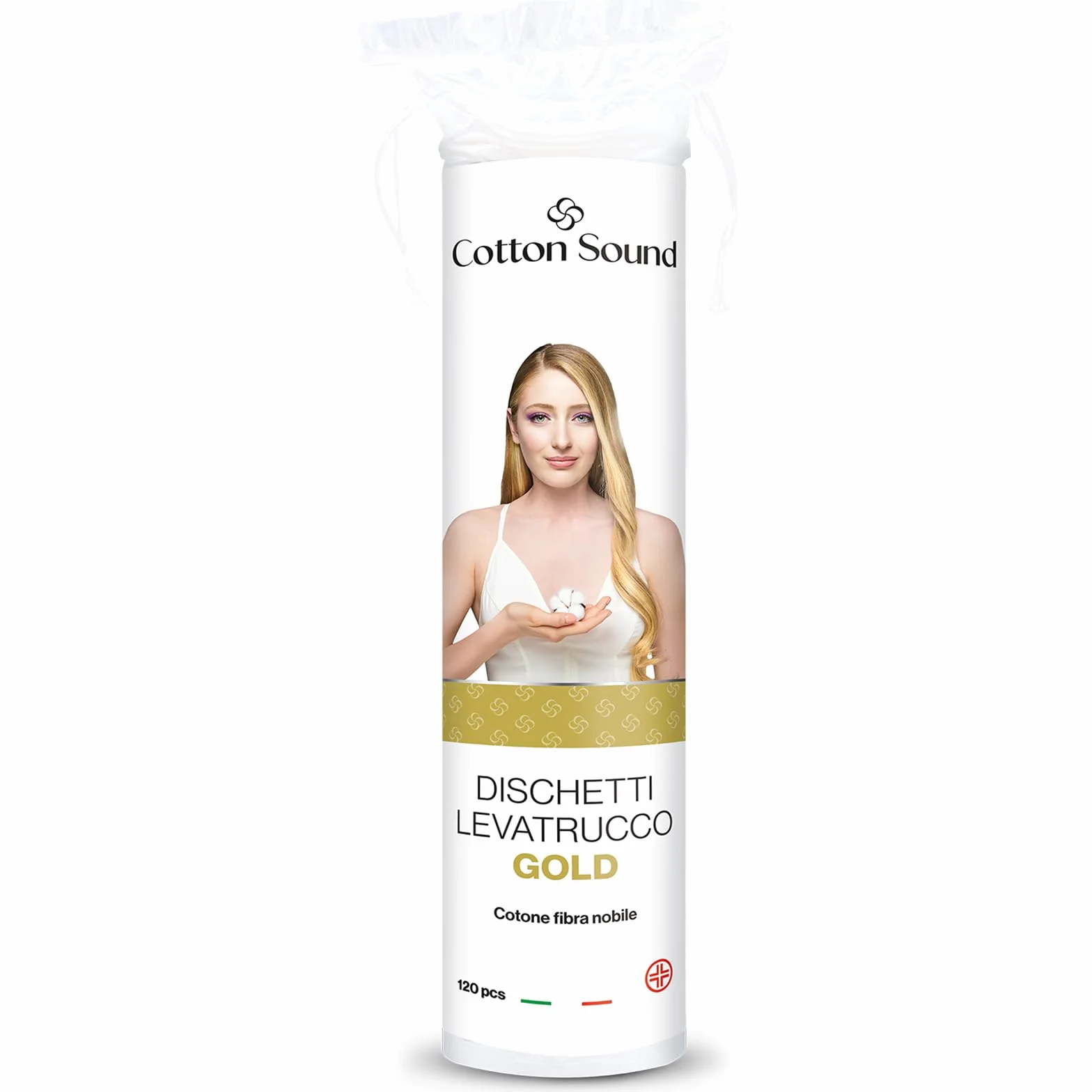 COTTON SOUND GOLD Dischetti Struccanti 120 Pezzi, Dischetti 100% Cotone, Adatti alle Pelli Sensibili, Ideali per la Rimozione del Trucco, Lato Liscio e Lato Goffrato, Made in Italy