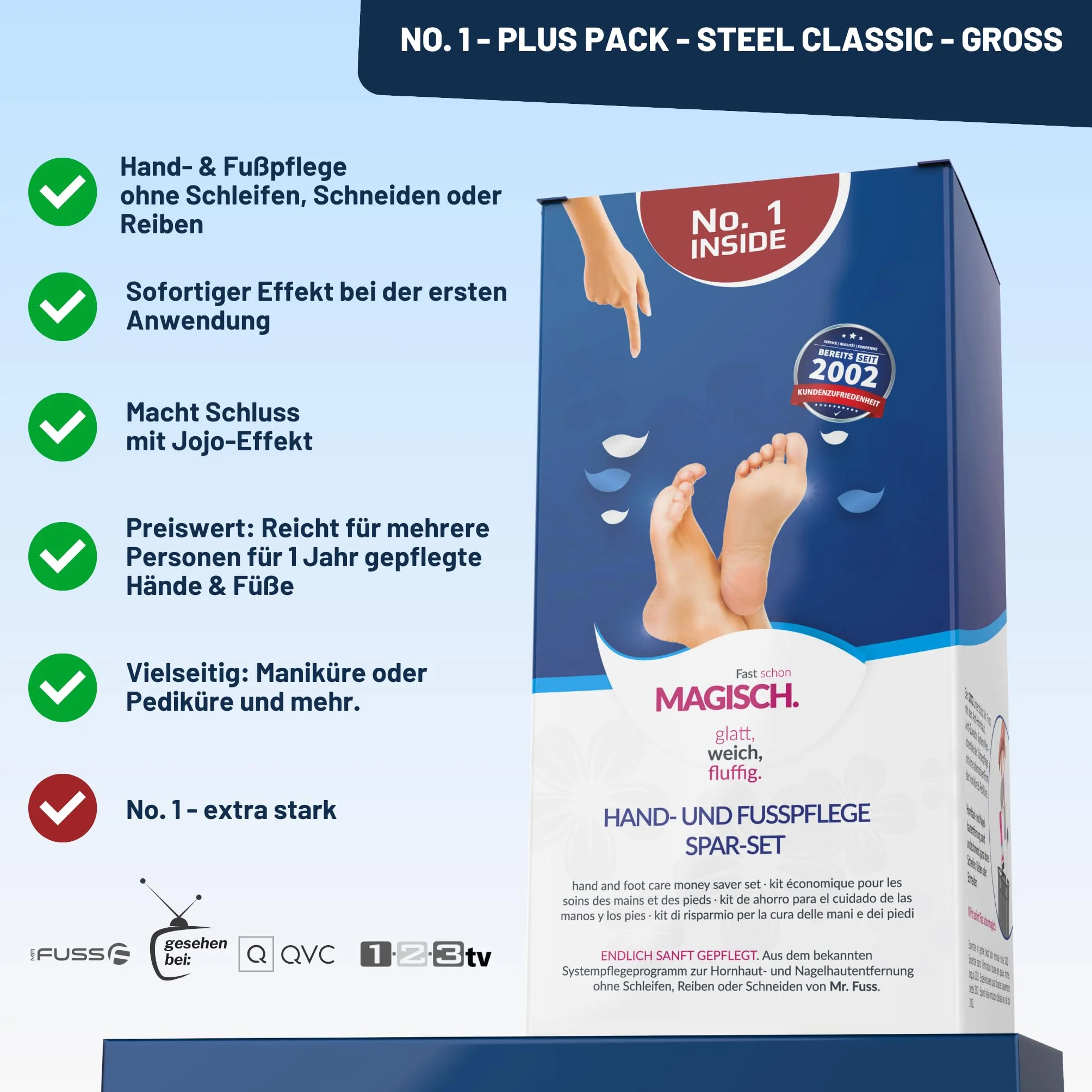 Mr. Fuss® No. 1 - Plus Pack Steel Classic per la cura dei piedi, per cuticole, confezione risparmio da 3 pezzi, soluzione attiva rapida e forte ammorbidente, standard, 200 ml, ovatta, raschietto per