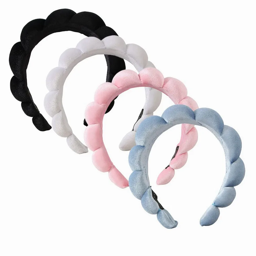 Fascia per la spa da donna, graziosa fascia per la cura della pelle, fascia per il lavaggio del viso, rimozione del trucco, cura della pelle, fascia per doccia Puffy Spa (confezione da 4)