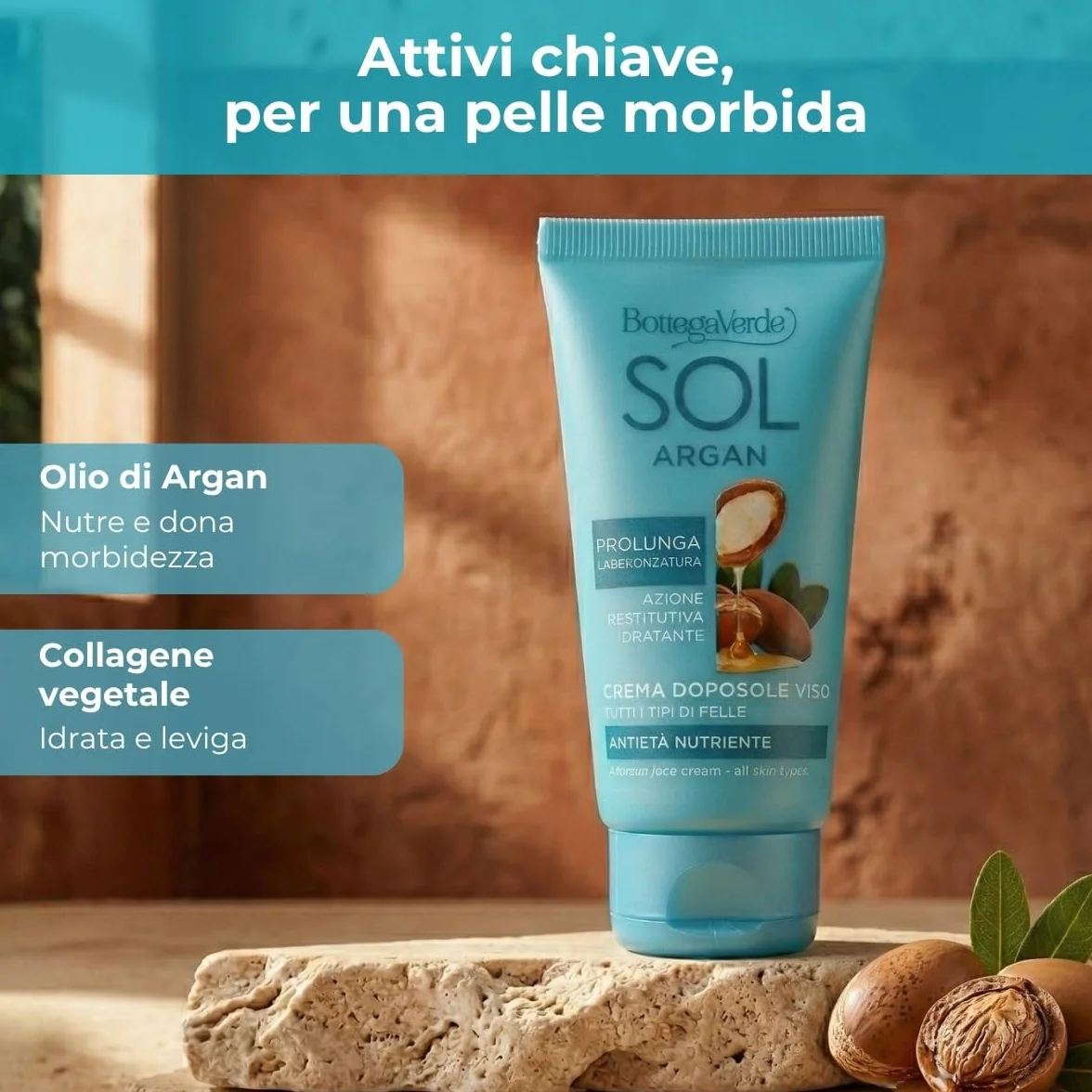 Bottega Verde - SOL Argan, Crema Viso Doposole, 50 ml, Antietà Nutriente, Prolunga l’Abbronzatura, Idrata e Dona Sollievo, con Olio di Argan e Collagene Vegetale, Per Tutti i Tipi di Pelle