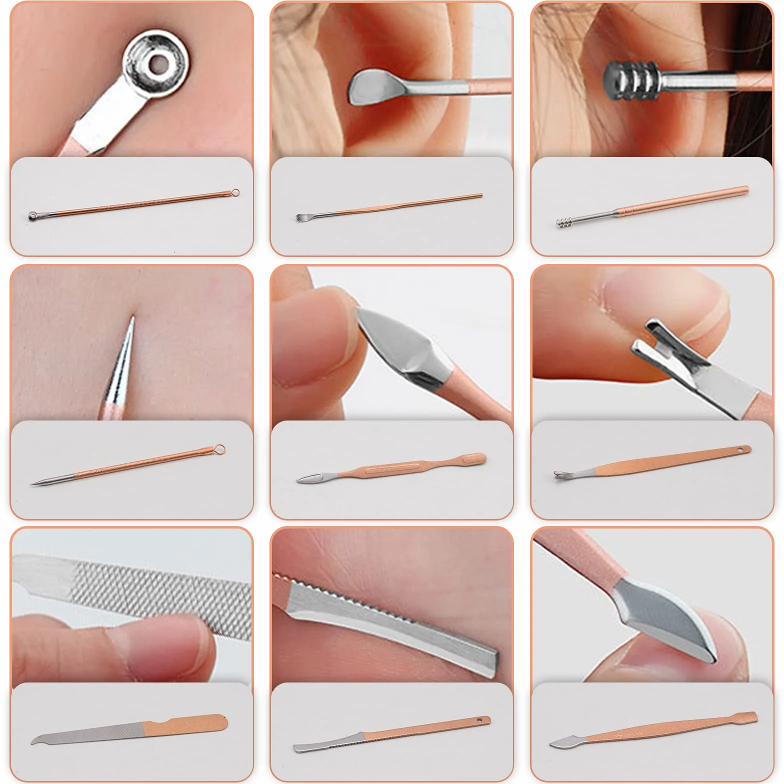 Zestaw do manicure 18 sztuk, stal nierdzewna, przenośny, podróżny (złoty różowy)