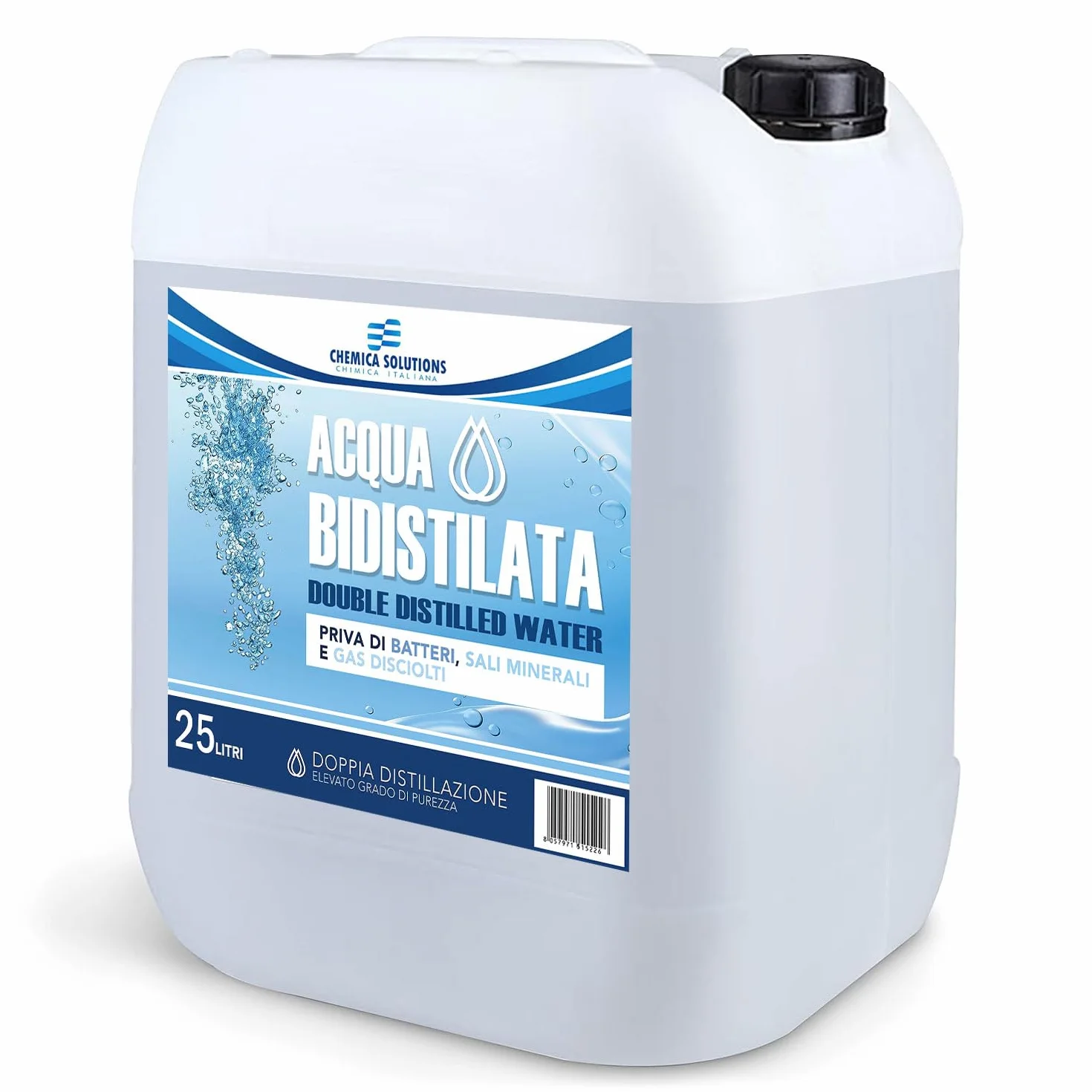 CHEMICA SOLUTIONS Acqua Bidistillata Pura per Uso Industriale e clinico tanica da 25 Litri, Distillata Due Volte, Demineralizzata, per Ferri da Stiro, umidificatori, batterie e Altro Made in Italy