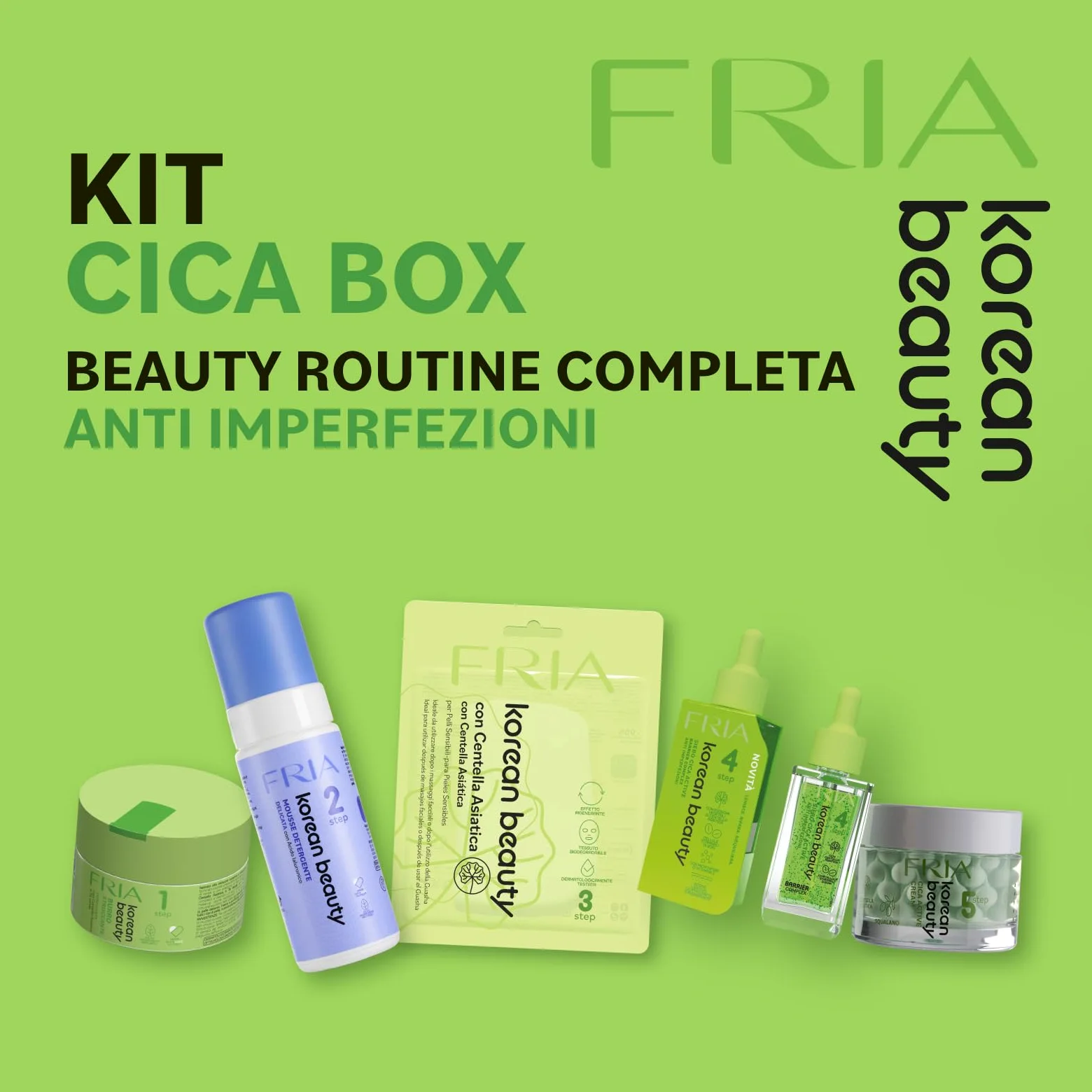 Fria Korean Beauty Cica Box, Kit Skincare Viso Anti Imperfezioni con Centella Asiatica, Burro Struccante + Mousse + Maschera + Siero + Crema, Dermatologicamente Testato