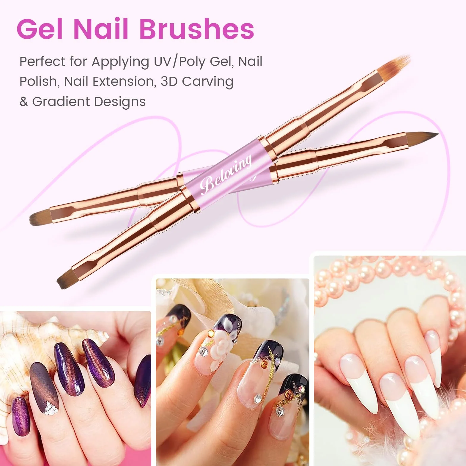 5 Pennelli Unghie Gel, Set Pennelli Per Nail Art e Disegni Unghie, Doppia Faccia Pennello Per Gel Unghie Ricostruzione, Smalto UV, Ombré, Pennelli Liner Con Coperture Protettive, Viola
