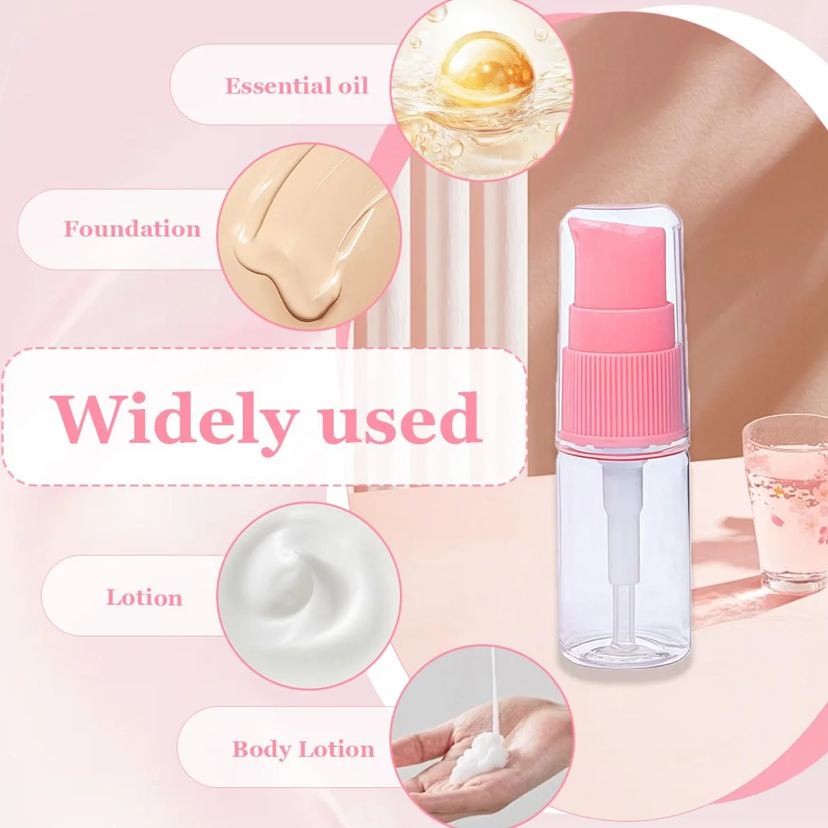 VASANA 12 flaconi vuoti portatili da 10 ml, ricaricabili, in plastica trasparente, con pompa a pressione rosa, per cosmetici e creme per il viso, emulsioni, campioni, contenitori per imballaggio