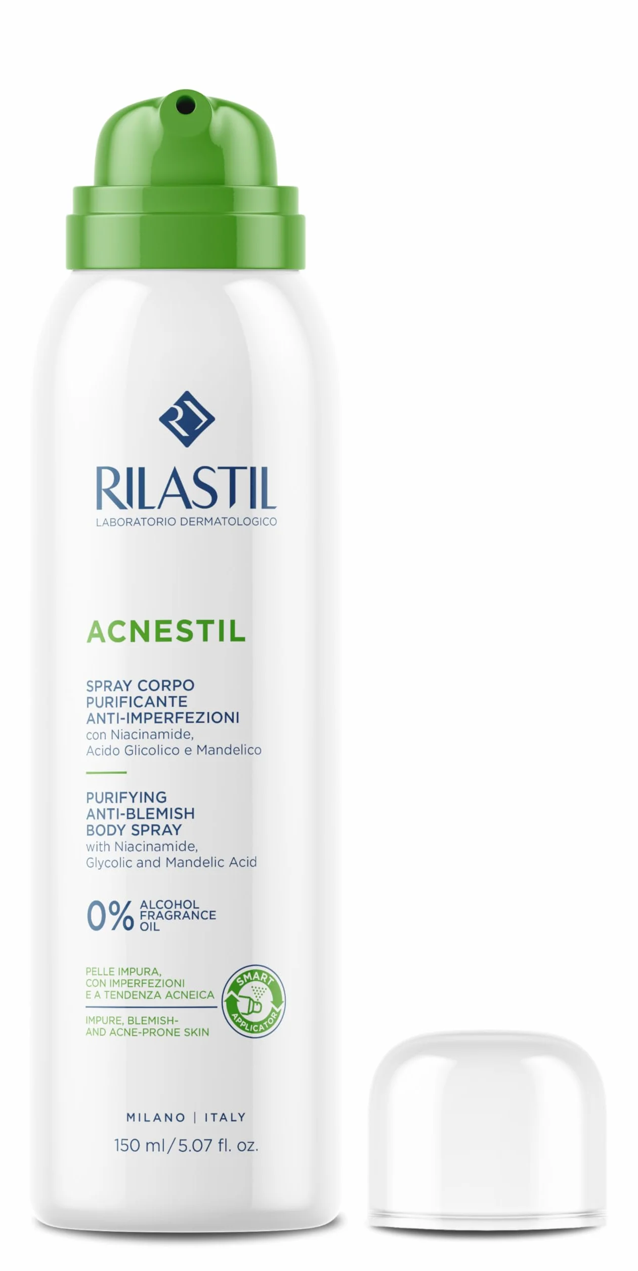 Rilastil Acnestil Spray Corpo Purificante e Anti-imperfezioni, Sebonormalizzante, Lenitivo con Niacinamide, Acido Glicolico e Acido Mandelico, 150 ml