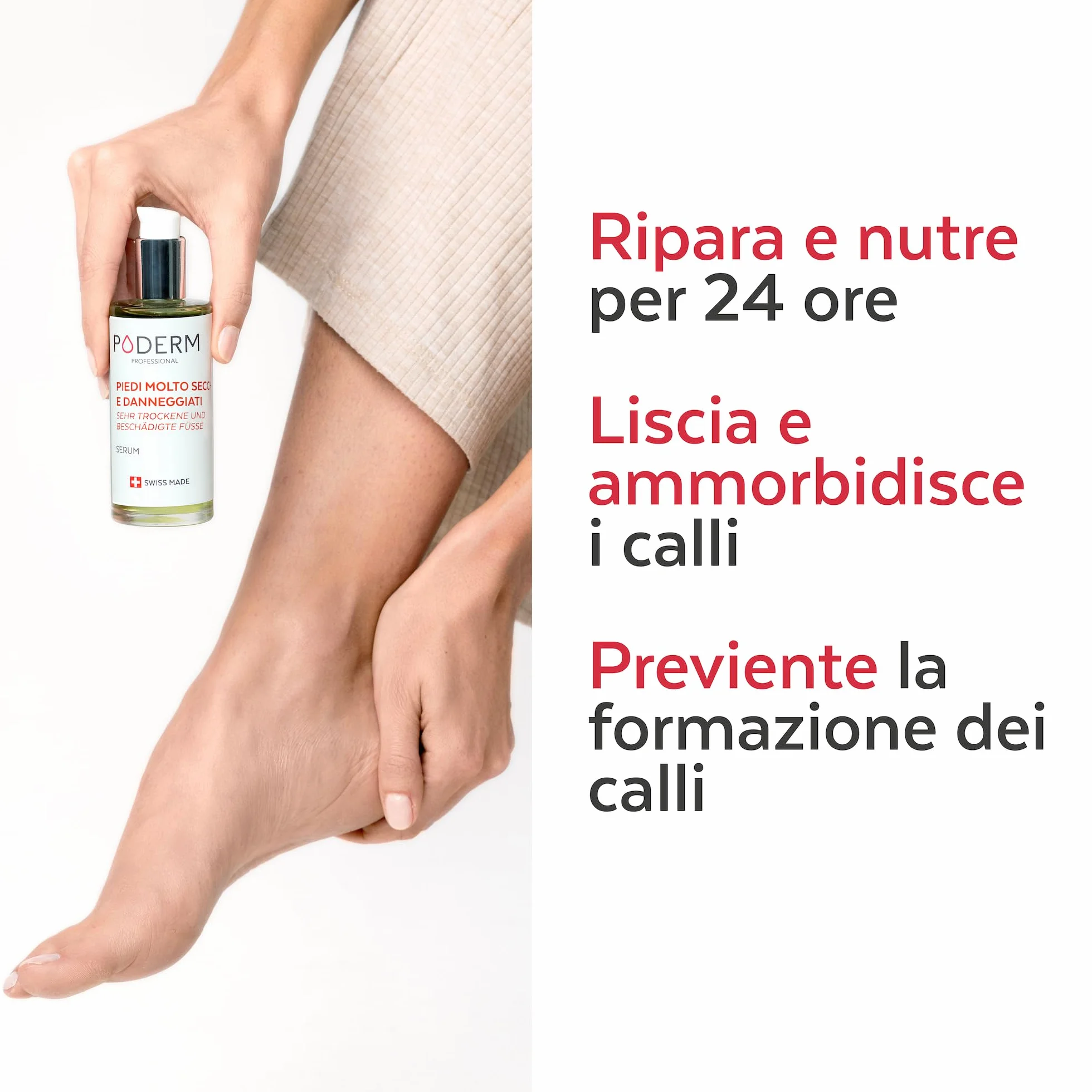 PODERM Swiss Made Cura dei piedi Ripara e nutre intensamente 24 ore Piedi secchi danneggiati Ingredienti 100% naturali