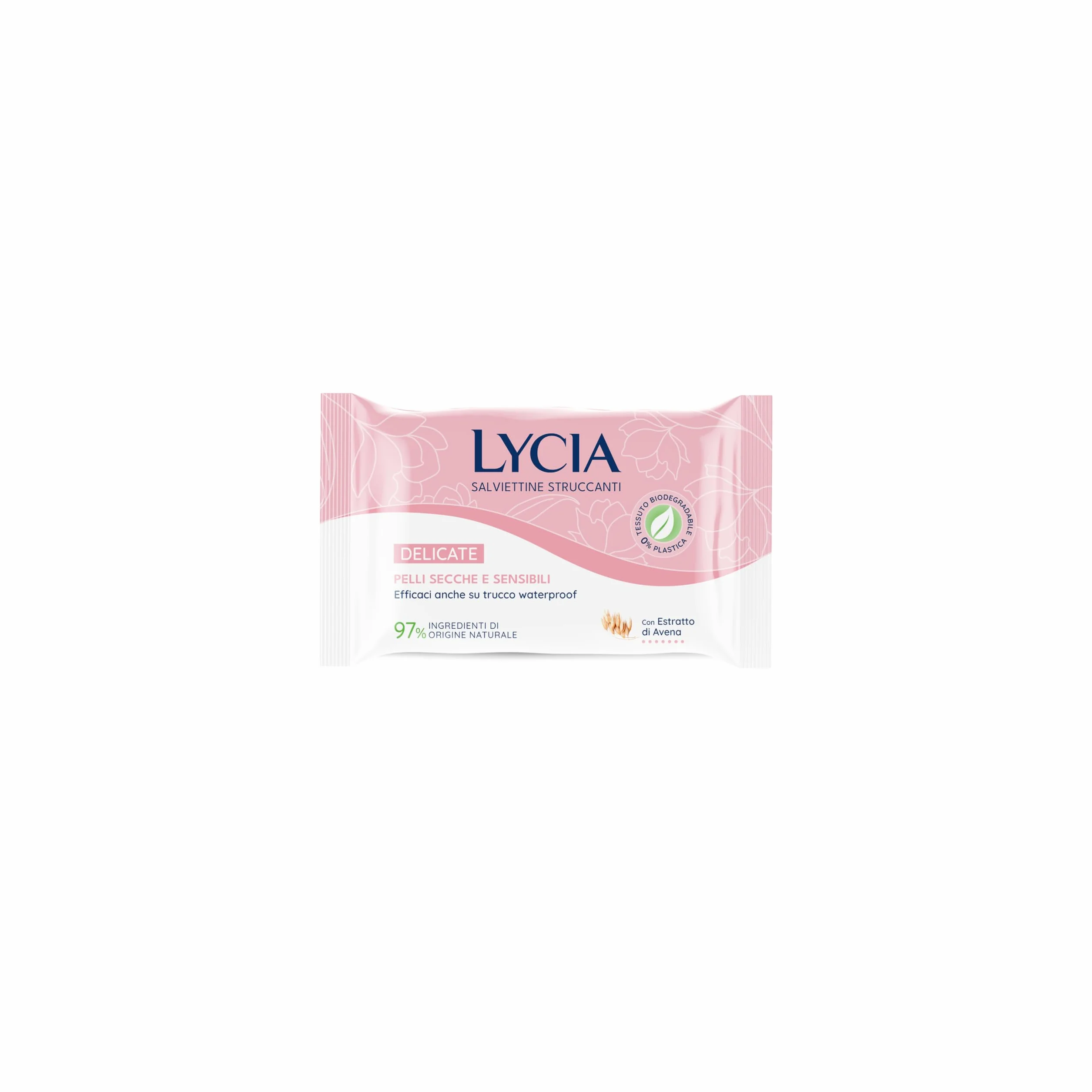 Lycia, Salviette Struccanti per Pelle Secca e Sensibile con Prebiotico e Latte d'Avena, Eco Tessuto Doppia Azione Biodegradabile, Formula Idratante, Protezione della Barriera Cutanea, 20 pezzi
