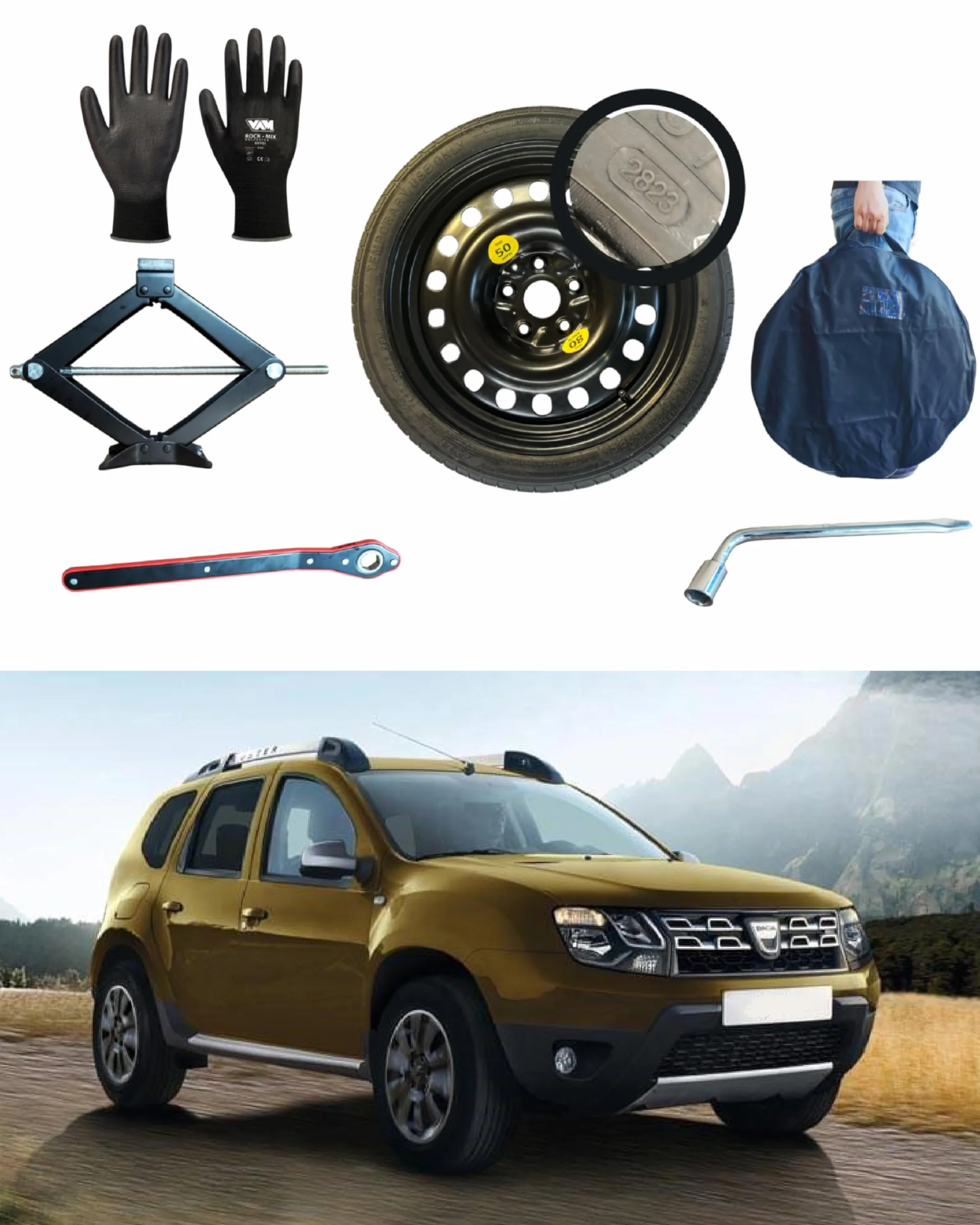 Kit Ruotino di Scorta 17" compatibile Dacia Duster con Cric, Chiave, Guanti e Sacca