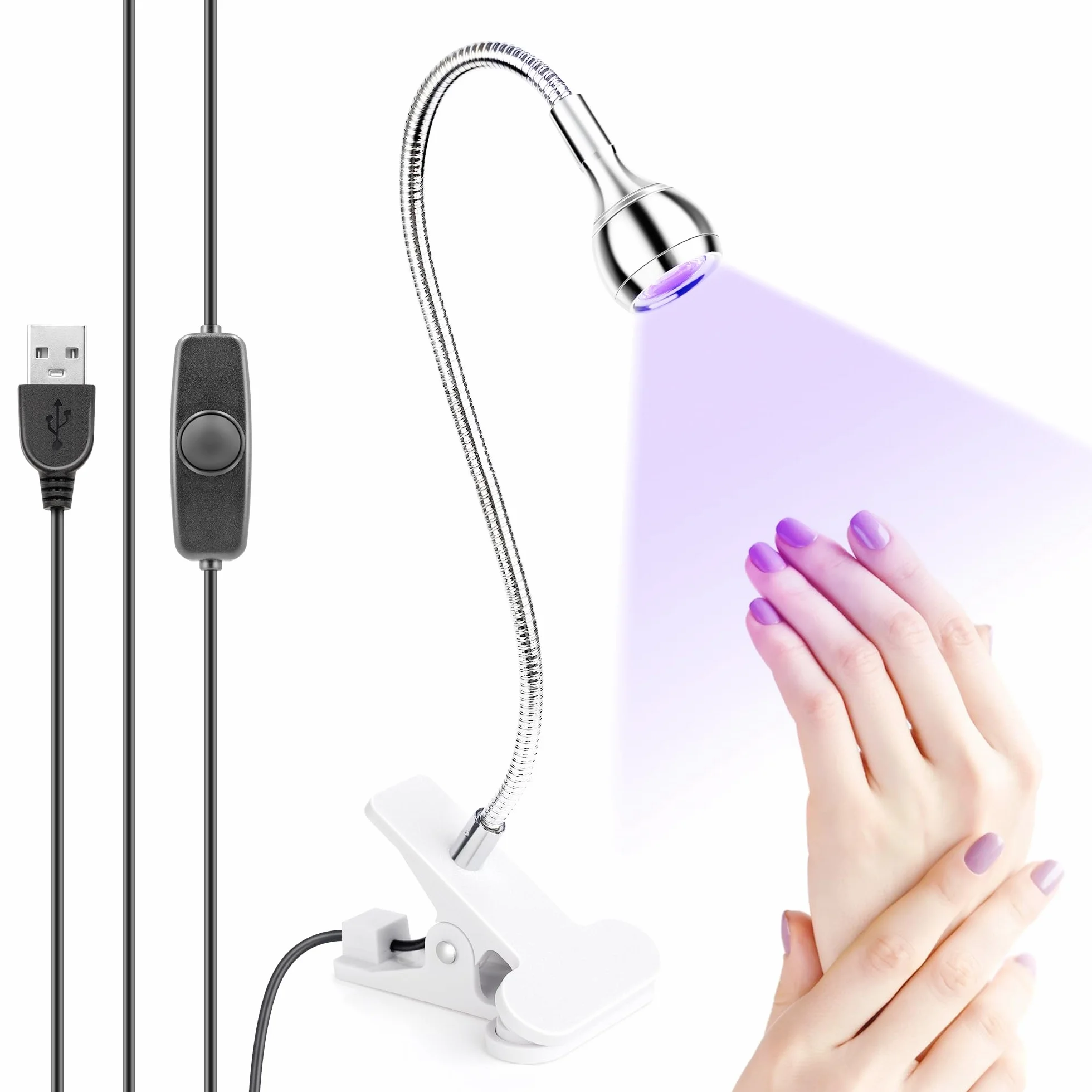 5W da Lampada LED UV per Gel Unghie, Luce LED per Unghie con Collo di Cigno Flessibile e Clip con Fusibile, Piccola Macchina per Asciugare le Unghie e Indurire il Gel con Lampada UV Rotante, Argento.