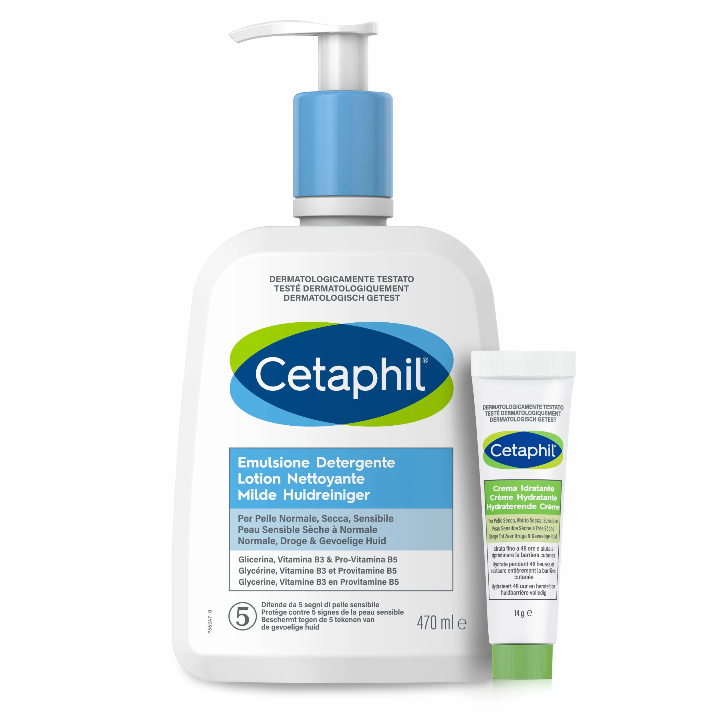 Cetaphil Emulsione Detergente Viso e Corpo, Senza Profumo, Formato 470 ml + Crema Idratante Viso e Corpo, Senza Profumo, Formato Viaggio 14 g